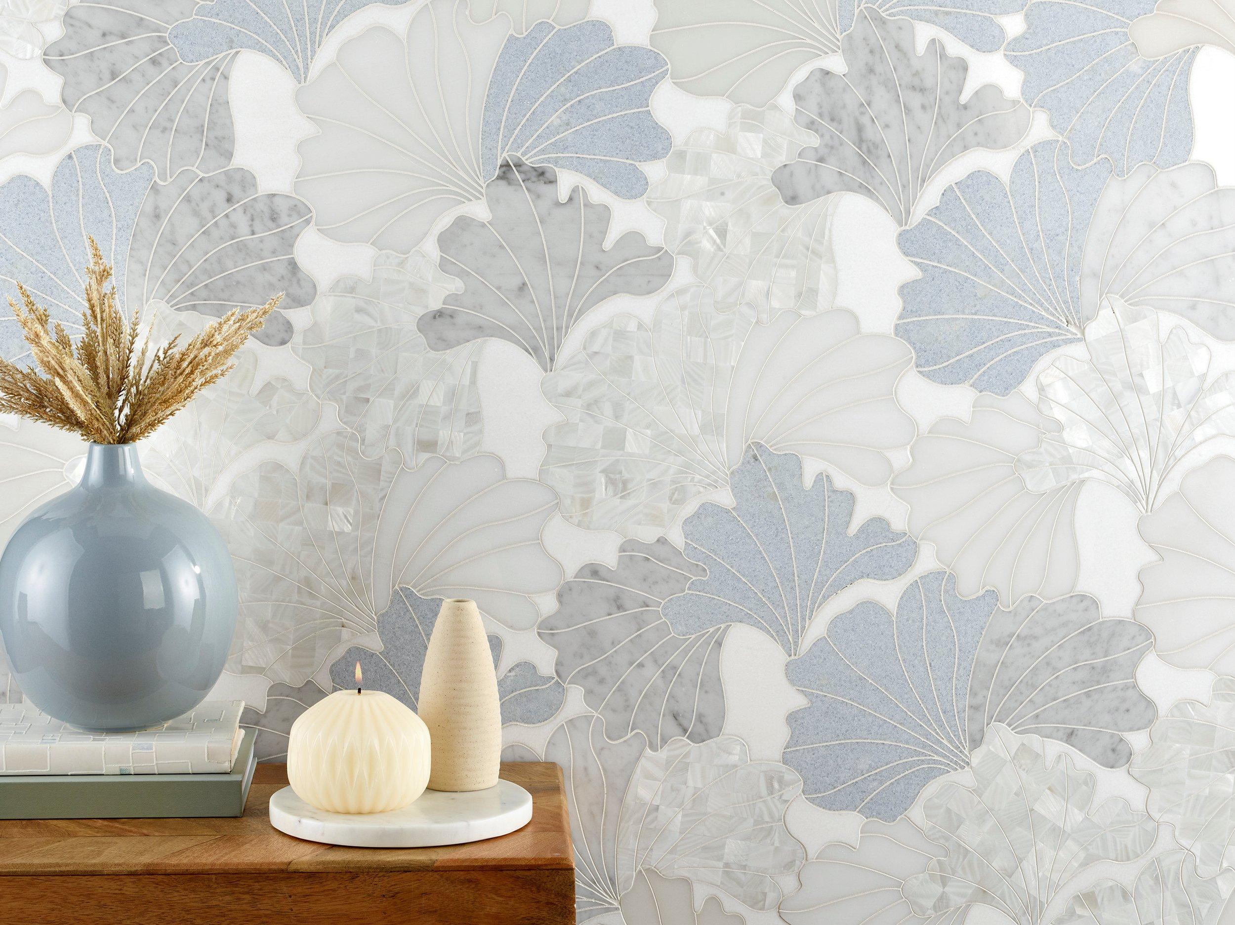 Celeste Bianco Carrara Thassos Mother of Pearl Polished Waterjet Marble Mosaic