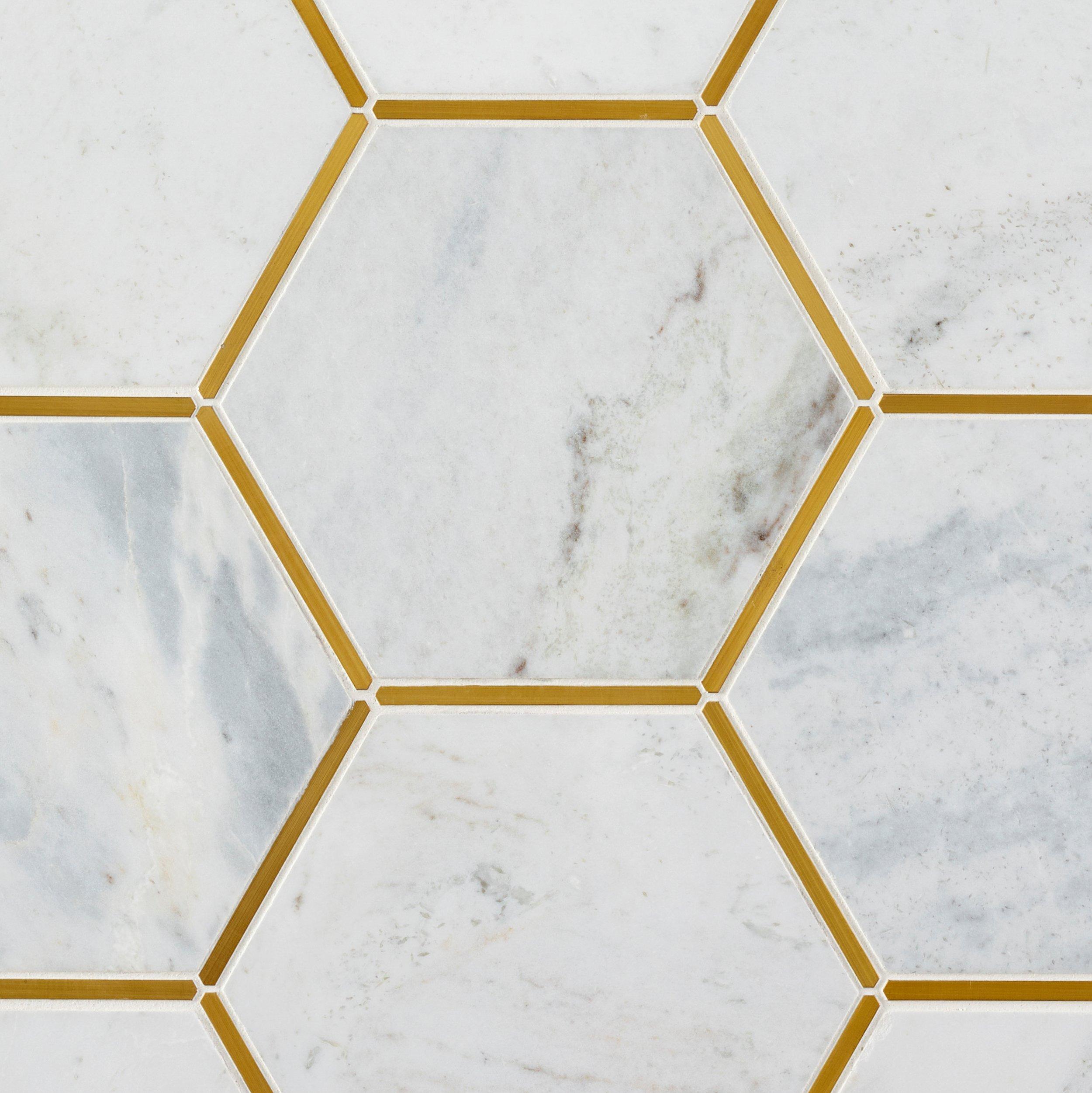 Bianco Orion Brass Hexagon III Polished Marble Mosaic