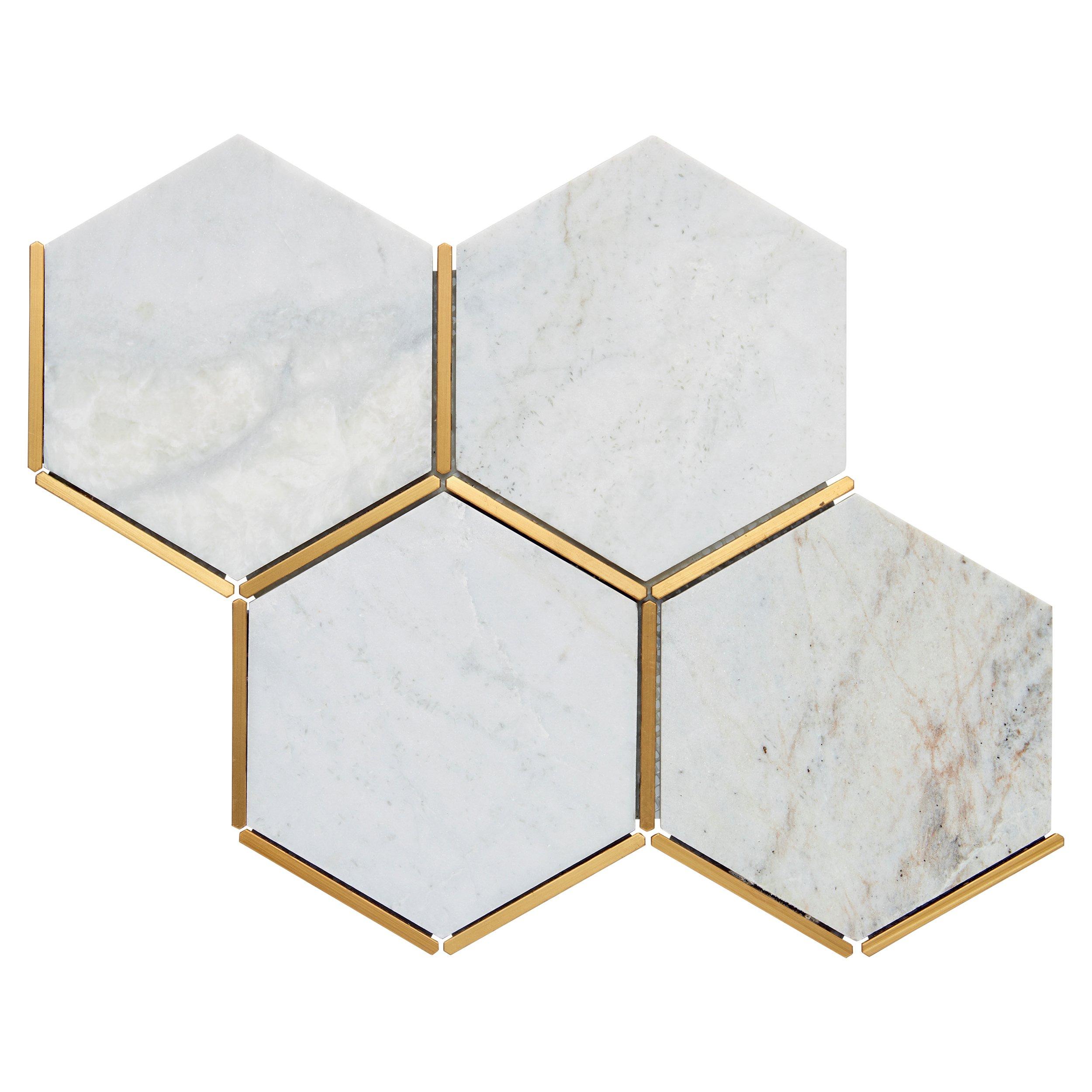 Bianco Orion Brass Hexagon Polished Marble Mosaic