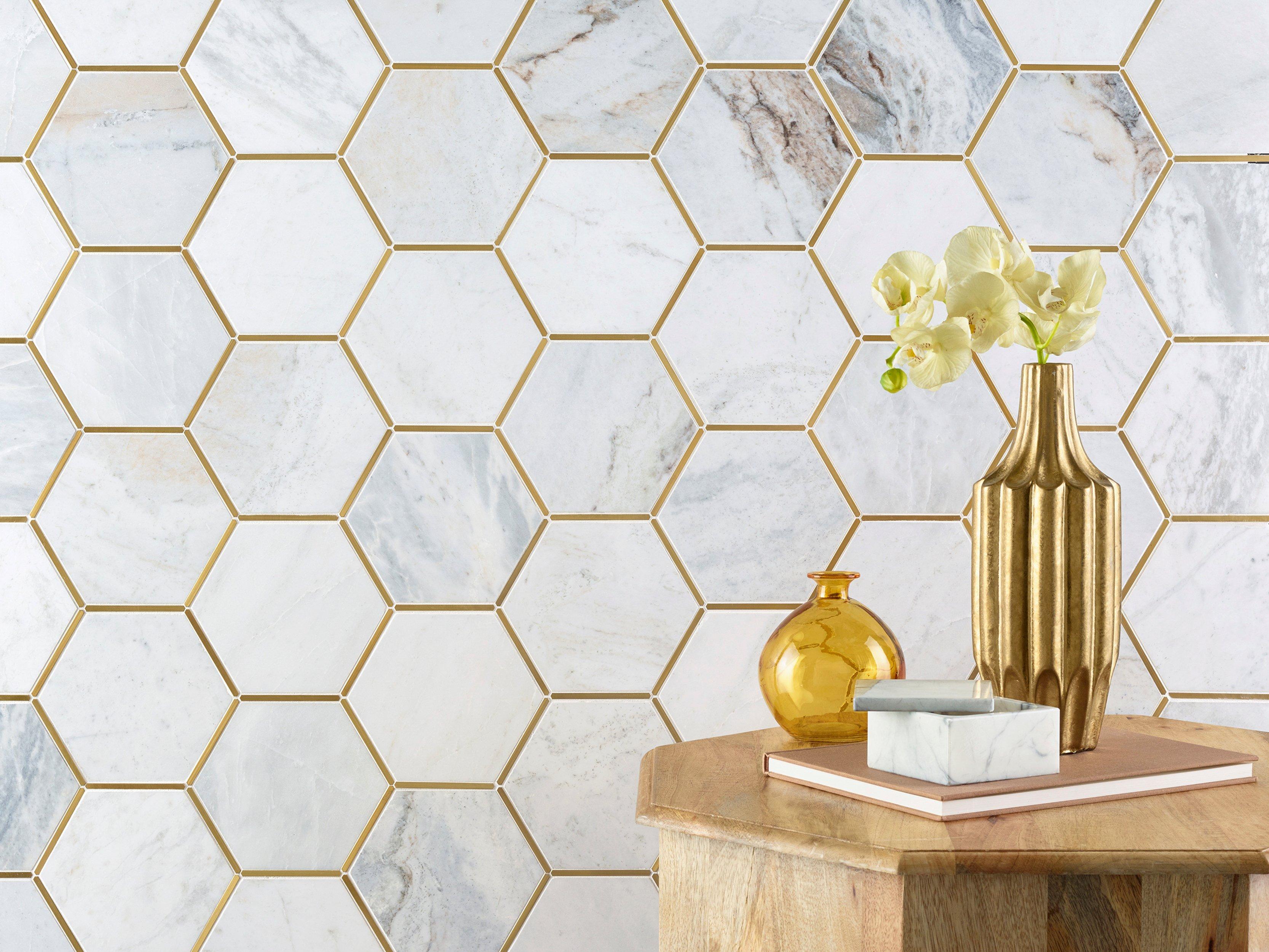 Bianco Orion Brass Hexagon III Polished Marble Mosaic