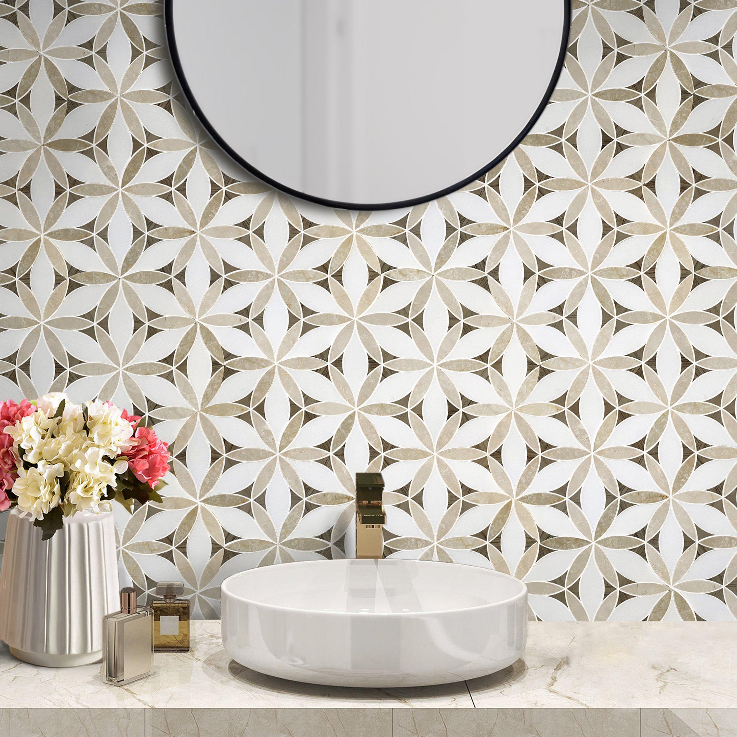 Rome Botticino Valentino Thassos Polished Marble Waterjet Mosaic