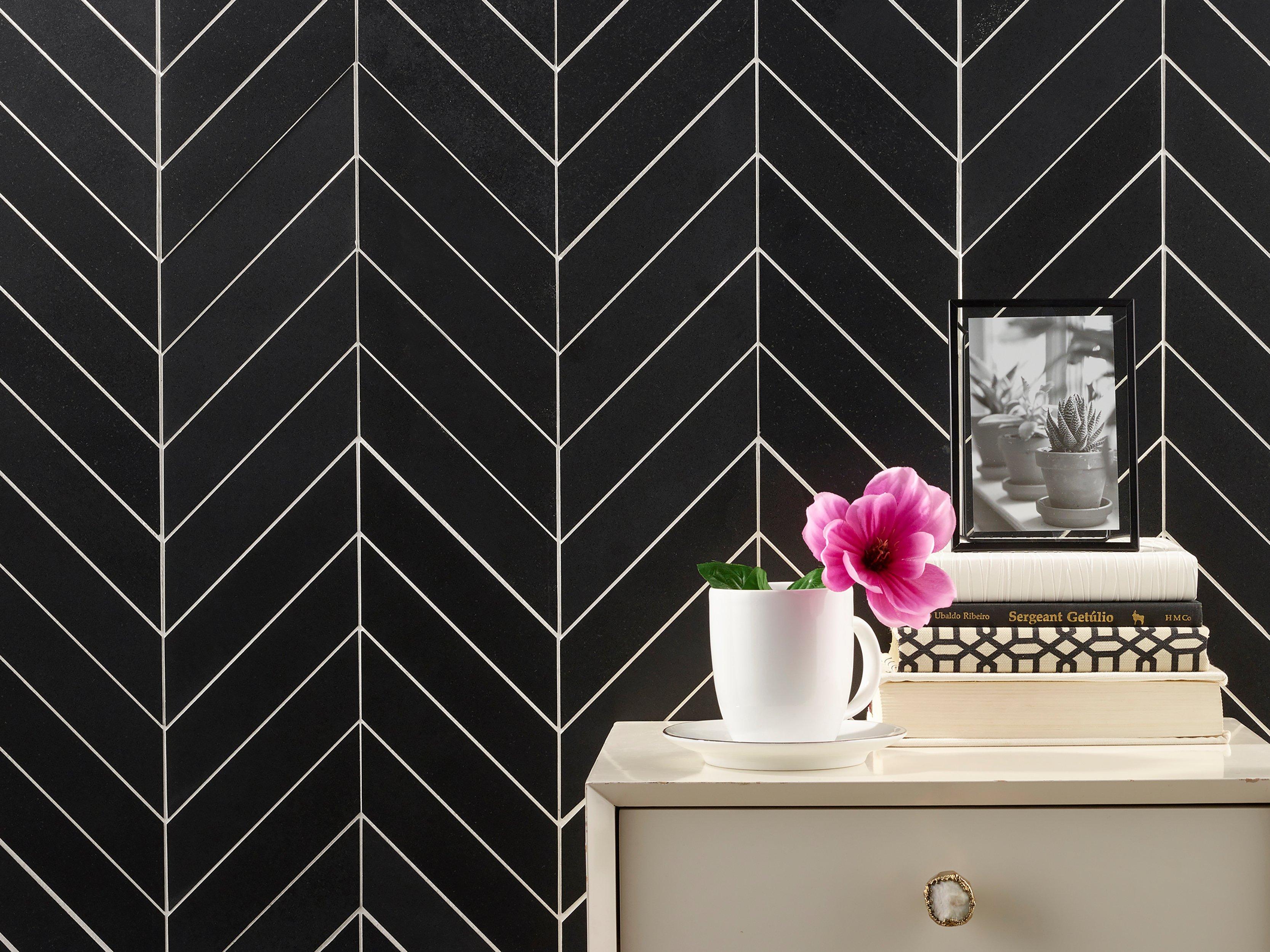 Jet Black Chevron Honed Basalt Mosaic