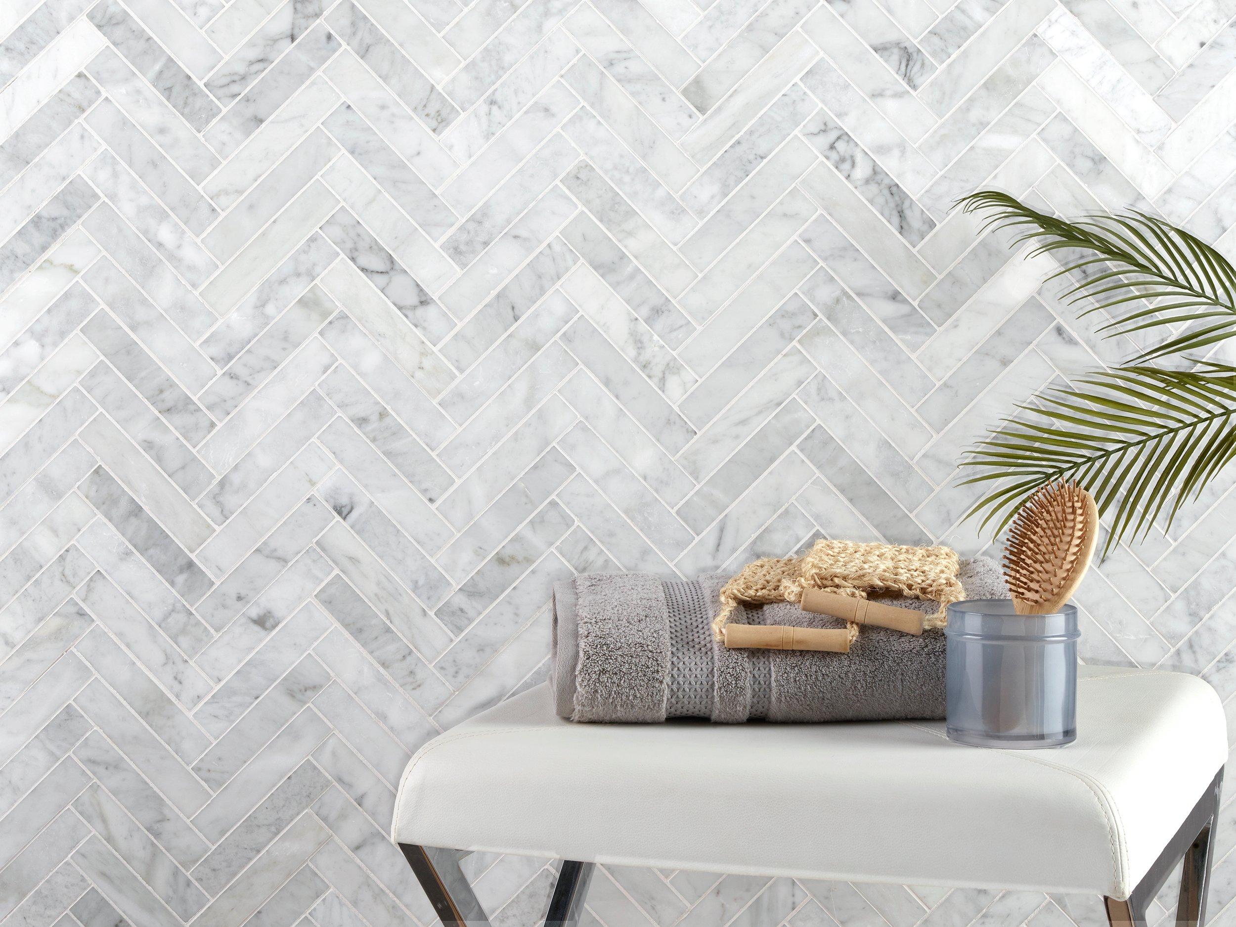 Bianco Carrara Herringbone Polished Marble Mosaic