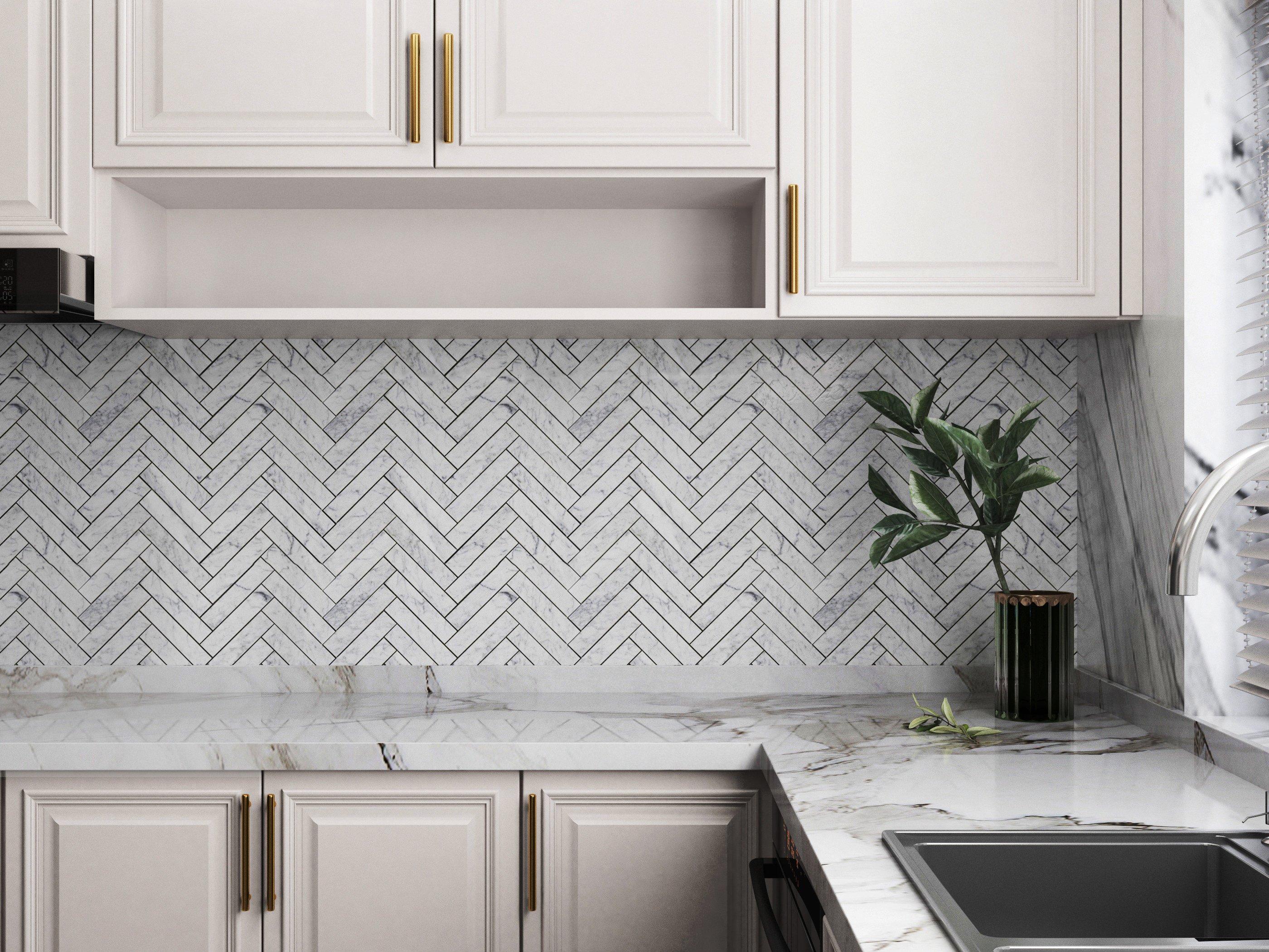Bianco Carrara Herringbone Polished Marble Mosaic