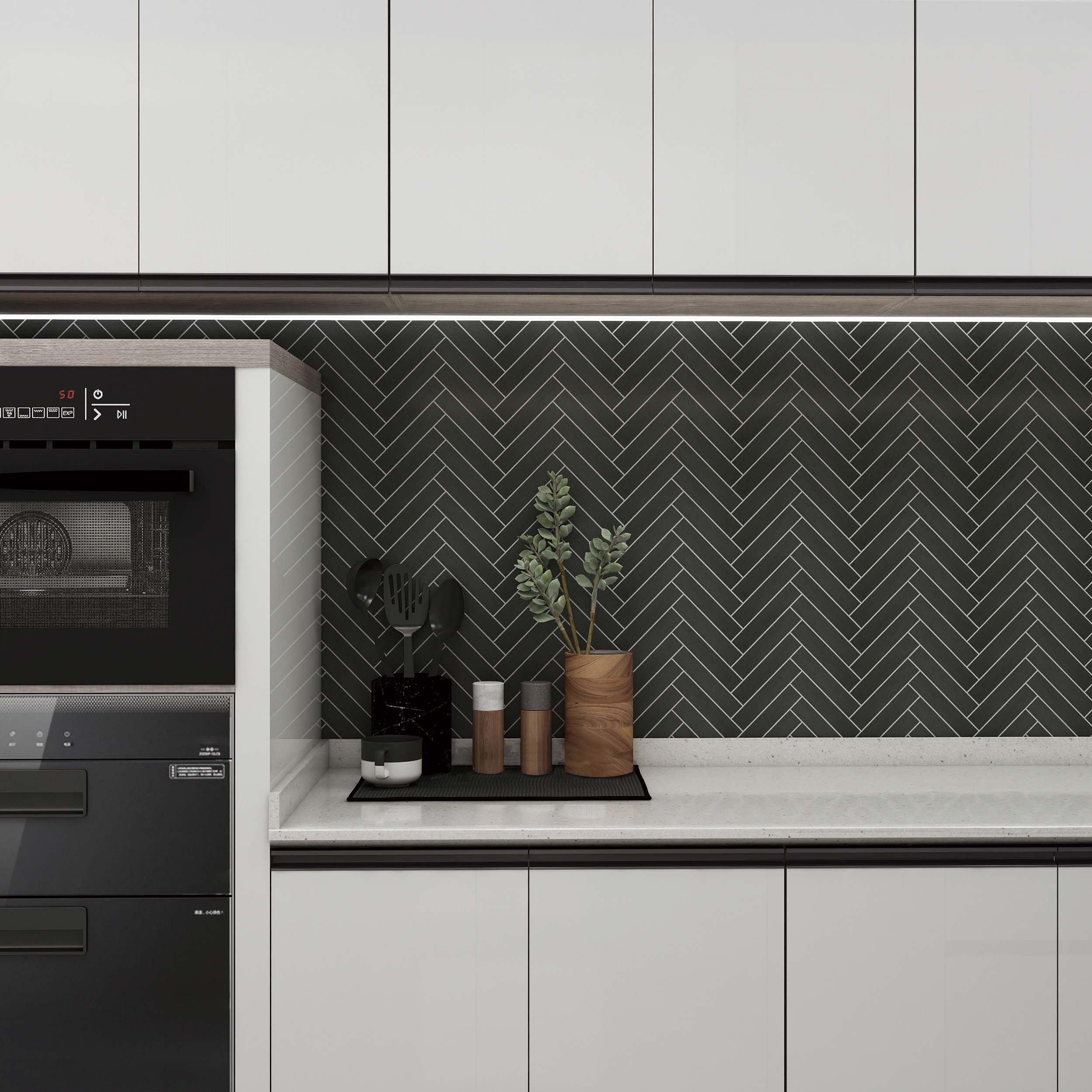 Black Herringbone Honed Basalt Mosaic