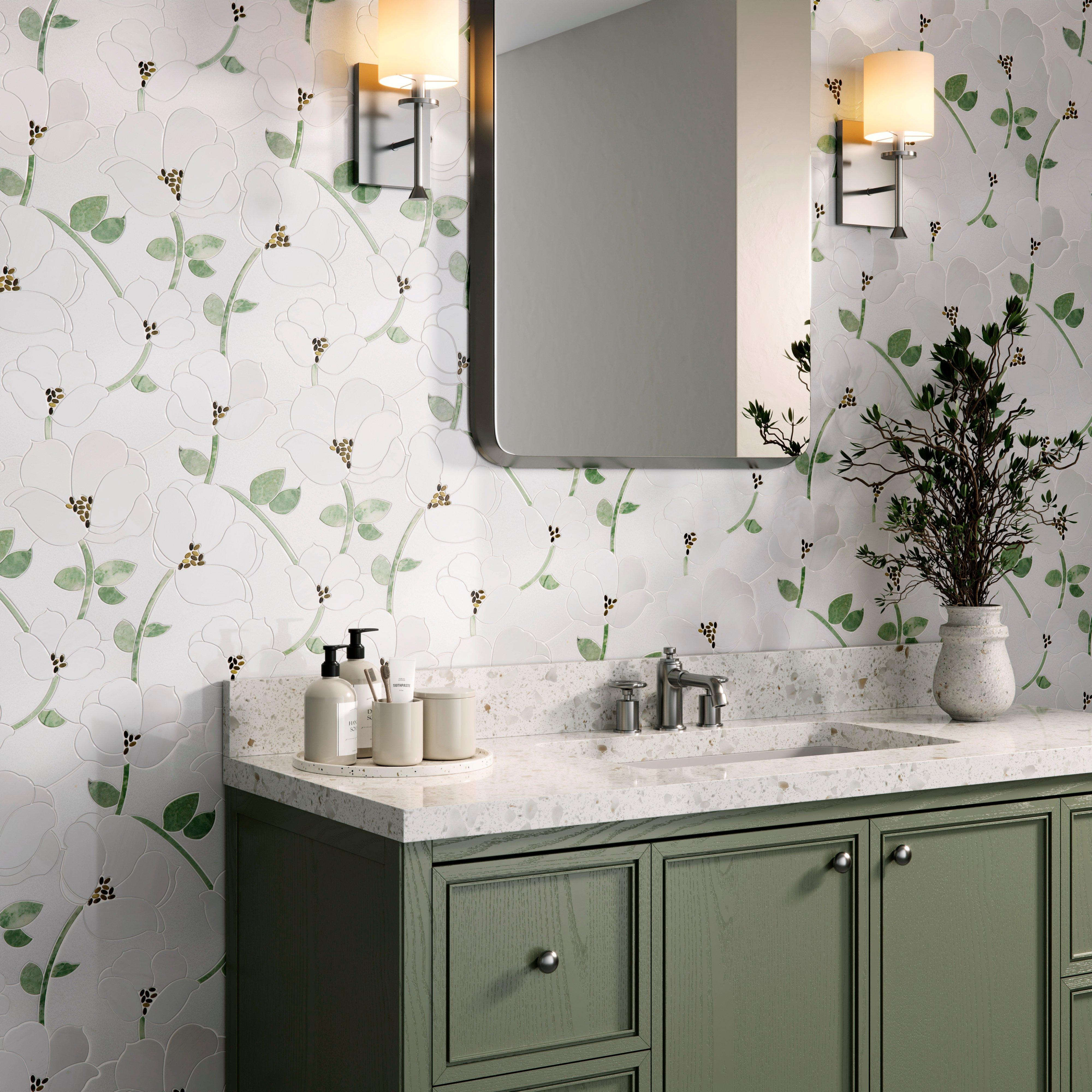 Blossom Thassos Emerald Shores Dolomite Waterjet Marble Mosaic