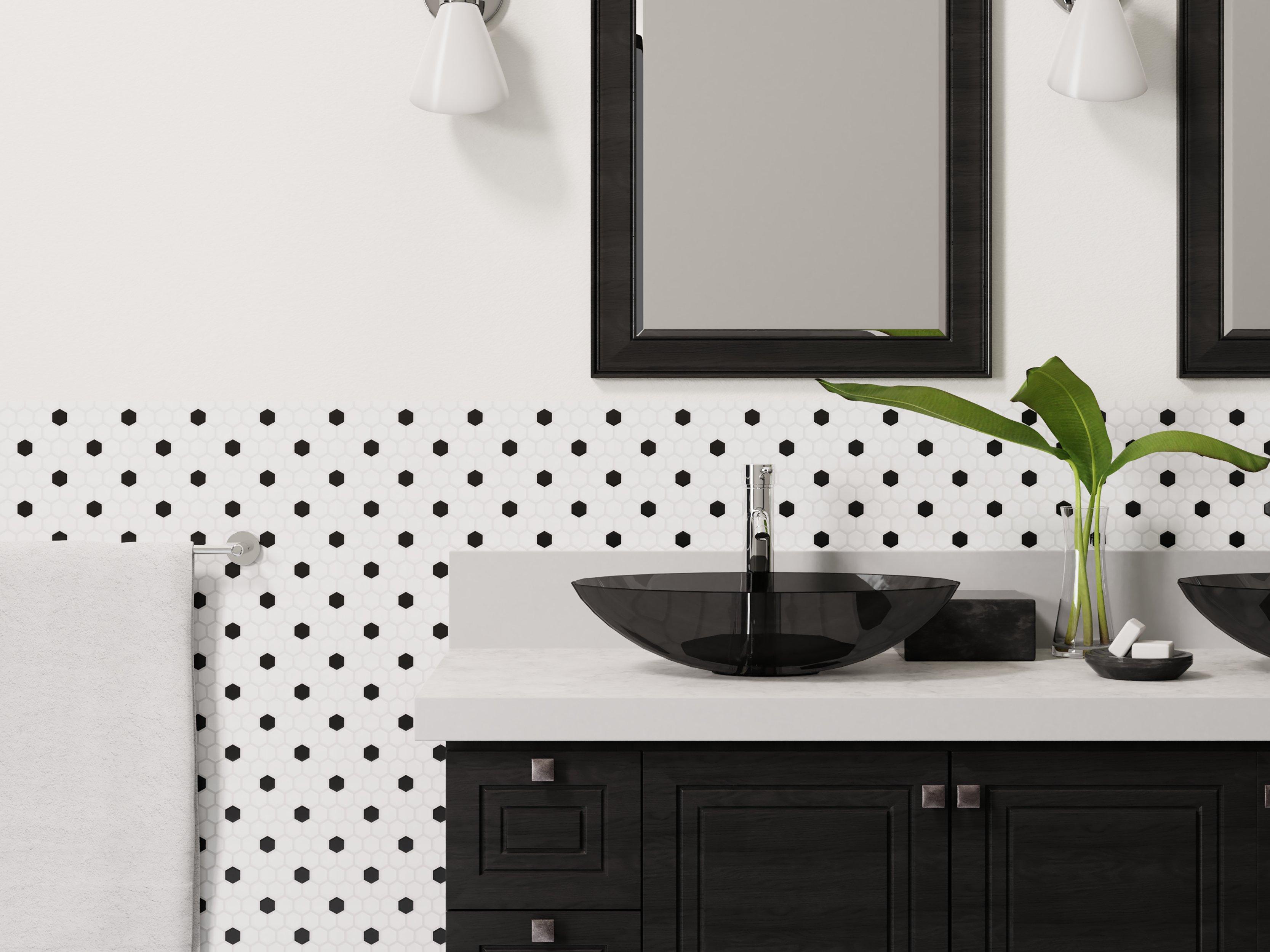 White and Black Hexagon Polished Porcelain Mosaic