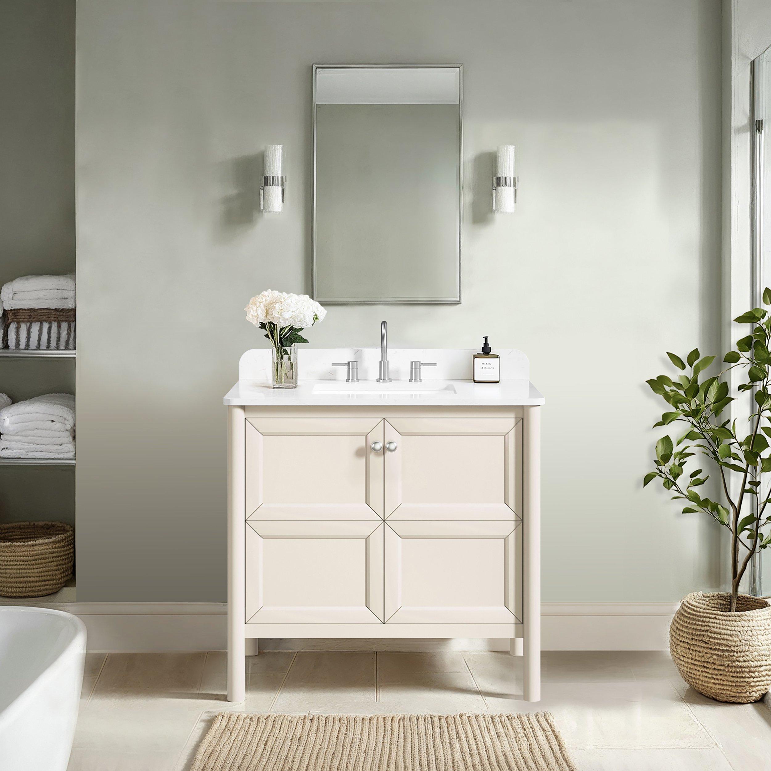 Prismo 37 in. Beige Vanity with White Carrara Marble Engineered Top