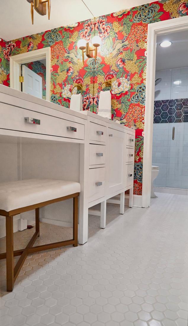 Mesg's Second bathroom with hexagon mosaic tile, ceramic wall tile, and indigo ceramic tile