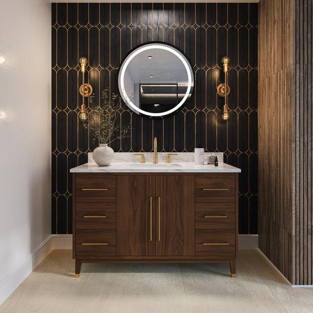 Bathroom with walnut vanity, Napoli Sand floor tile, and black backsplash.