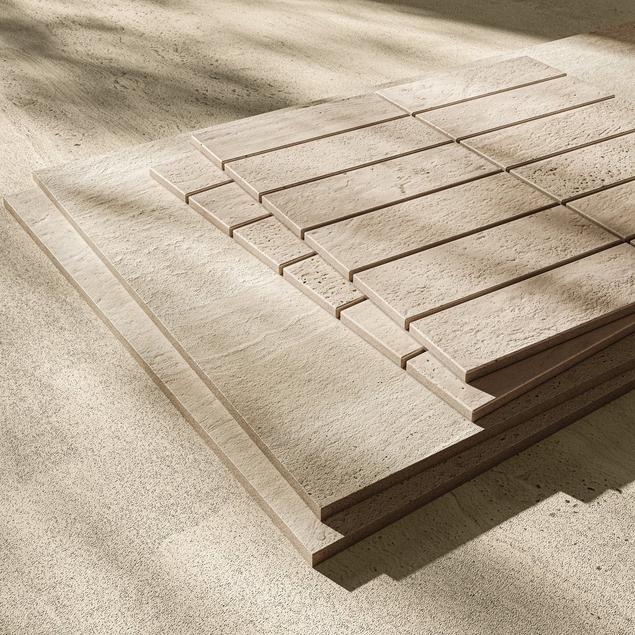 Overhead view of Napoli Sand's 3-piece collection: mosaic, large format tile, and XL Porcelain Slab.