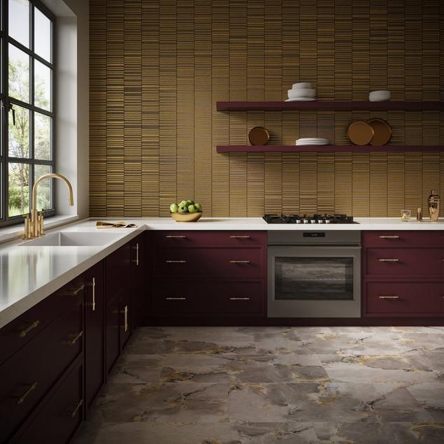 Kitchen with gold stack mosaic backsplash and dark wood floating shelves.