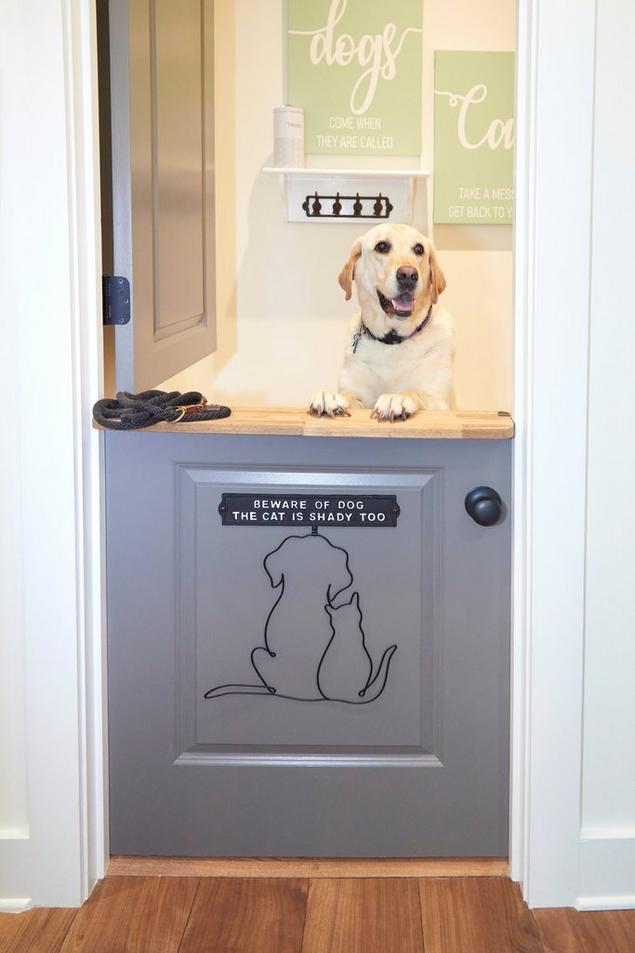 Shannon's golden-white labrador retriever propping itself up behind the closed pet room gate door.