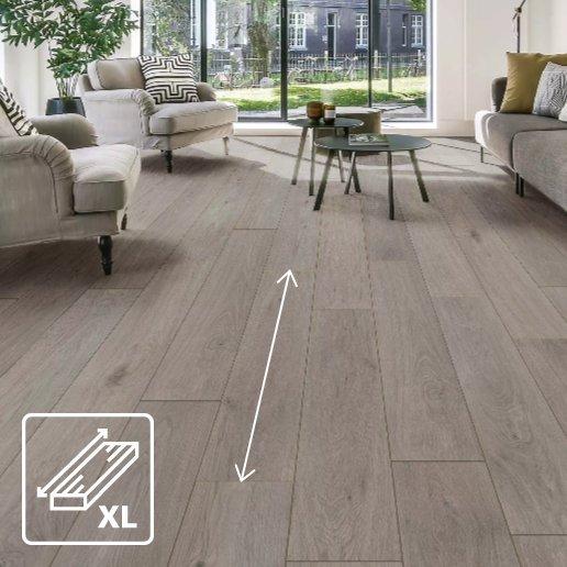 Laminate flooring with long arrow overlay