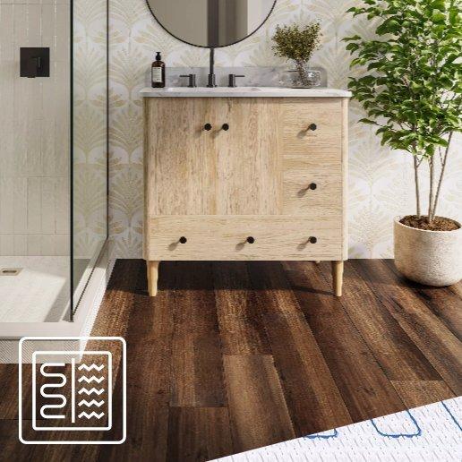 Laminate in a bathroom with a vanity and radiant heating system