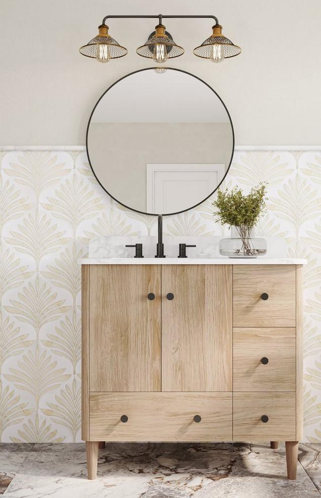 Bathroom with white and beige botanical marble backsplash.