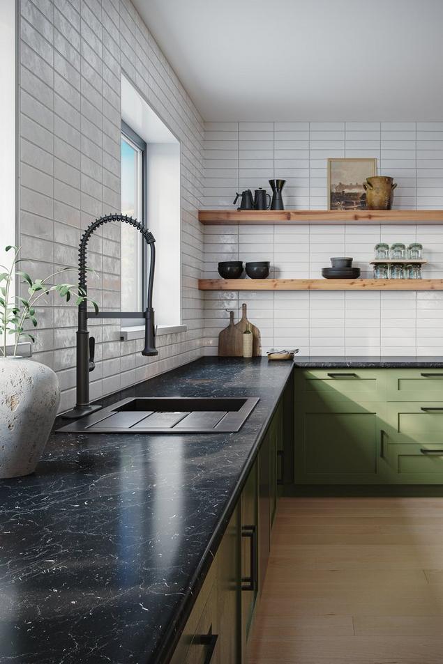 Kitchen with white subway tile backsplash and wood floating shelves.