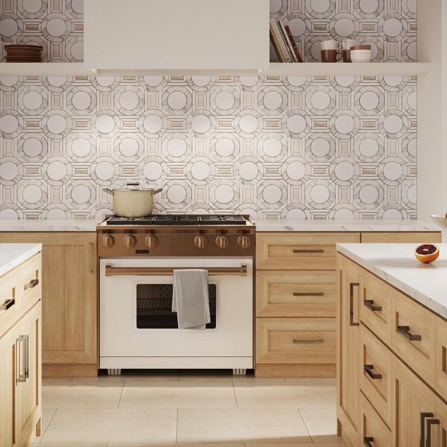 Scandinavian-style kitchen with white marble mosaic backsplash.