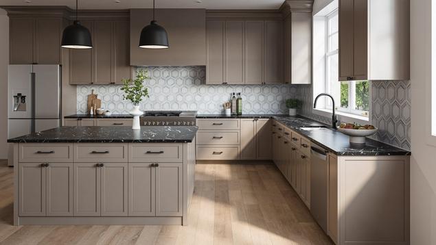 Kitchen with white and gray hexagon marble mosaic backsplash.