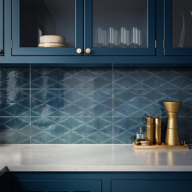 Kitchen with Antique Blue Diamond Wall Tile backsplash.