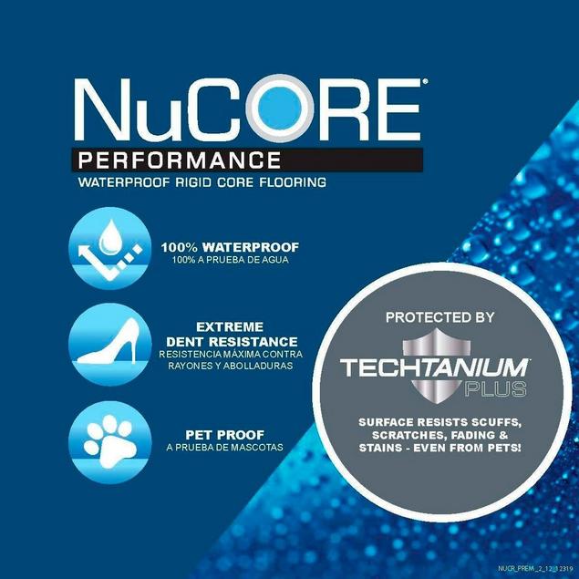 NuCore Performance flooring infographic with product details and its Techtanium Plus benefits