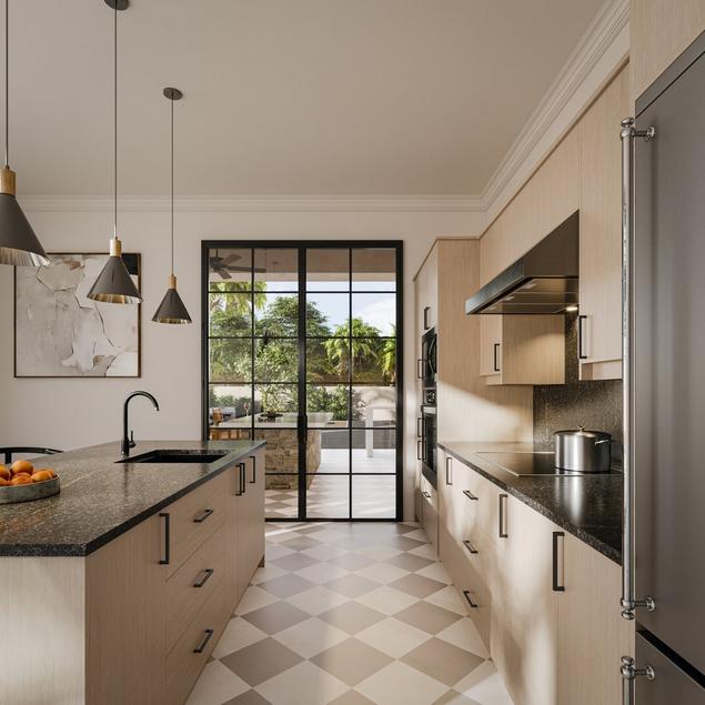 Kitchen with neutral white and beige checkerboard flooring tile. 