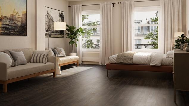 Bedroom with dark Optimax Performance flooring