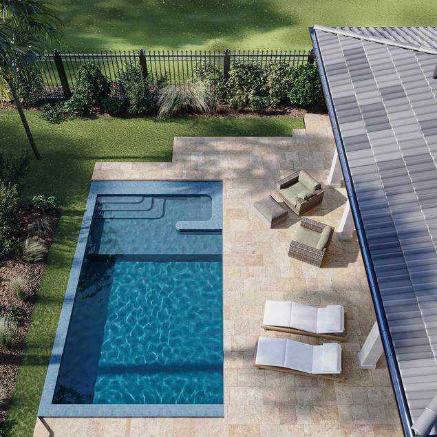 Bird eye view of a patio with a pool