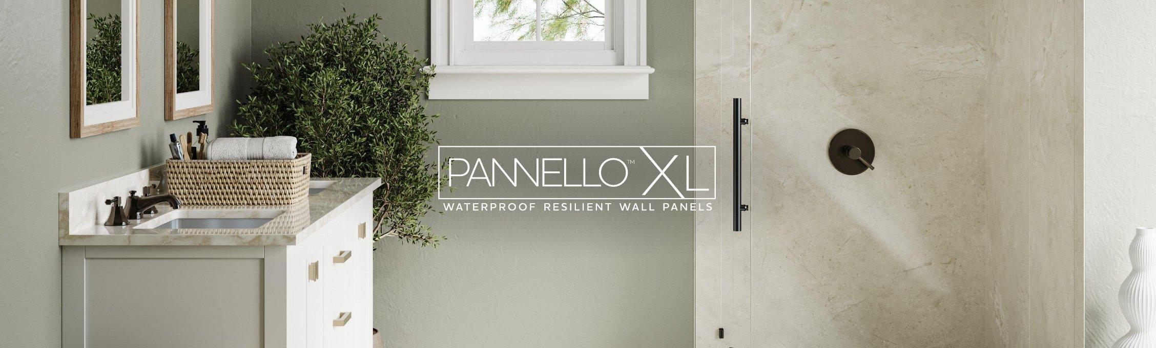 Pannello vinyl waterproof panels in bathroom with logo overlay