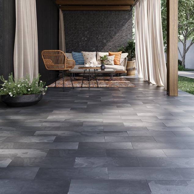 Outdoor patio with black slate tile.