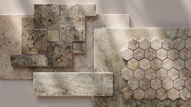 A close-up of travertine samples arranged as a mood board. 