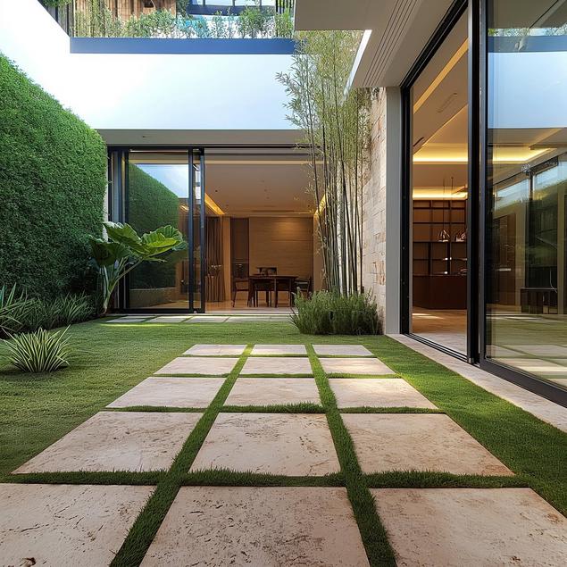 Outdoor pathway with travertine paver tiles. 