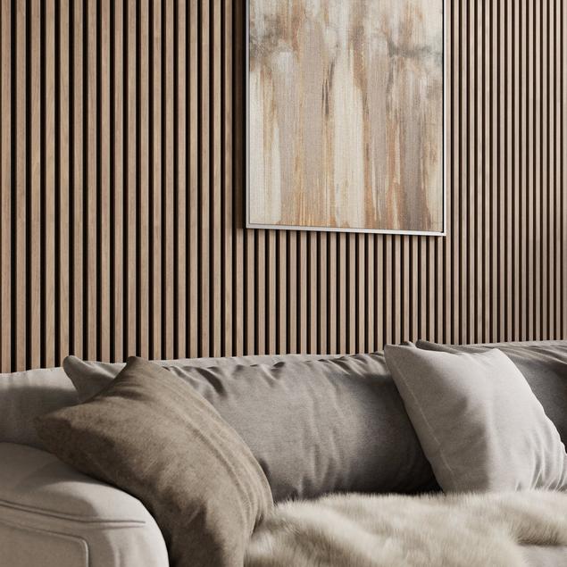 Basement sitting area with walnut acoustic wood wall panels.