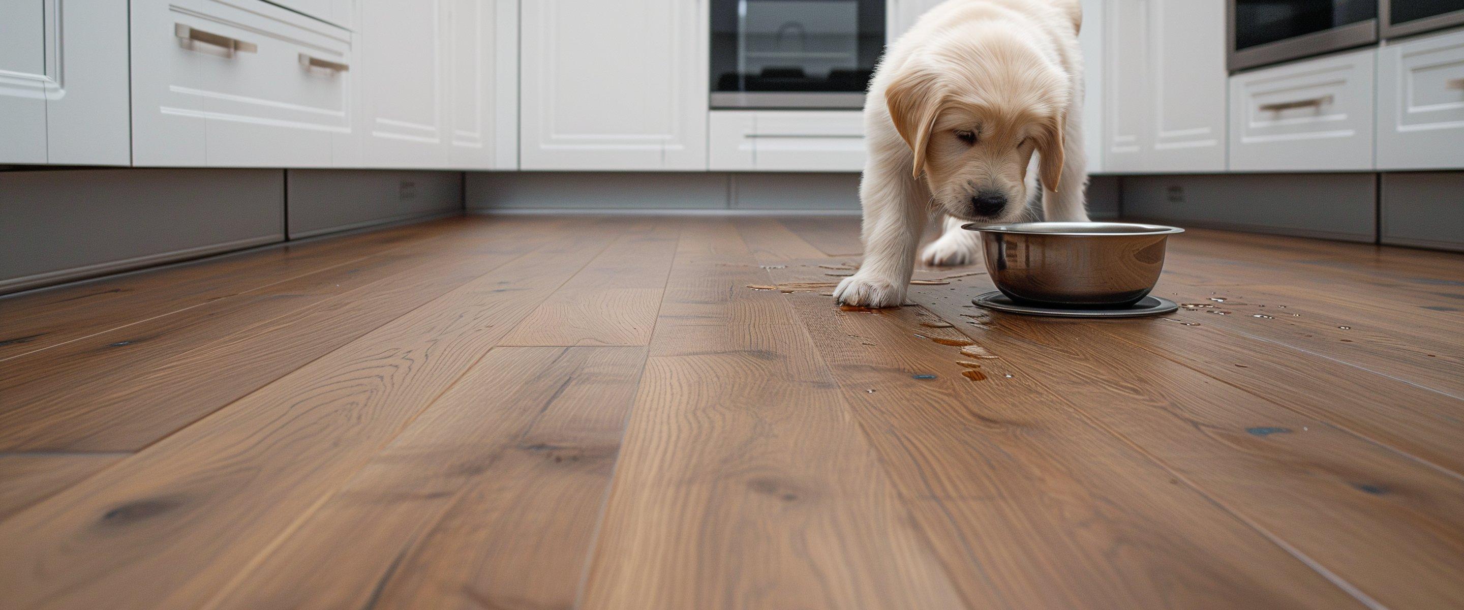 Dog on warm brown Optimax Performance flooring with water on the floor.