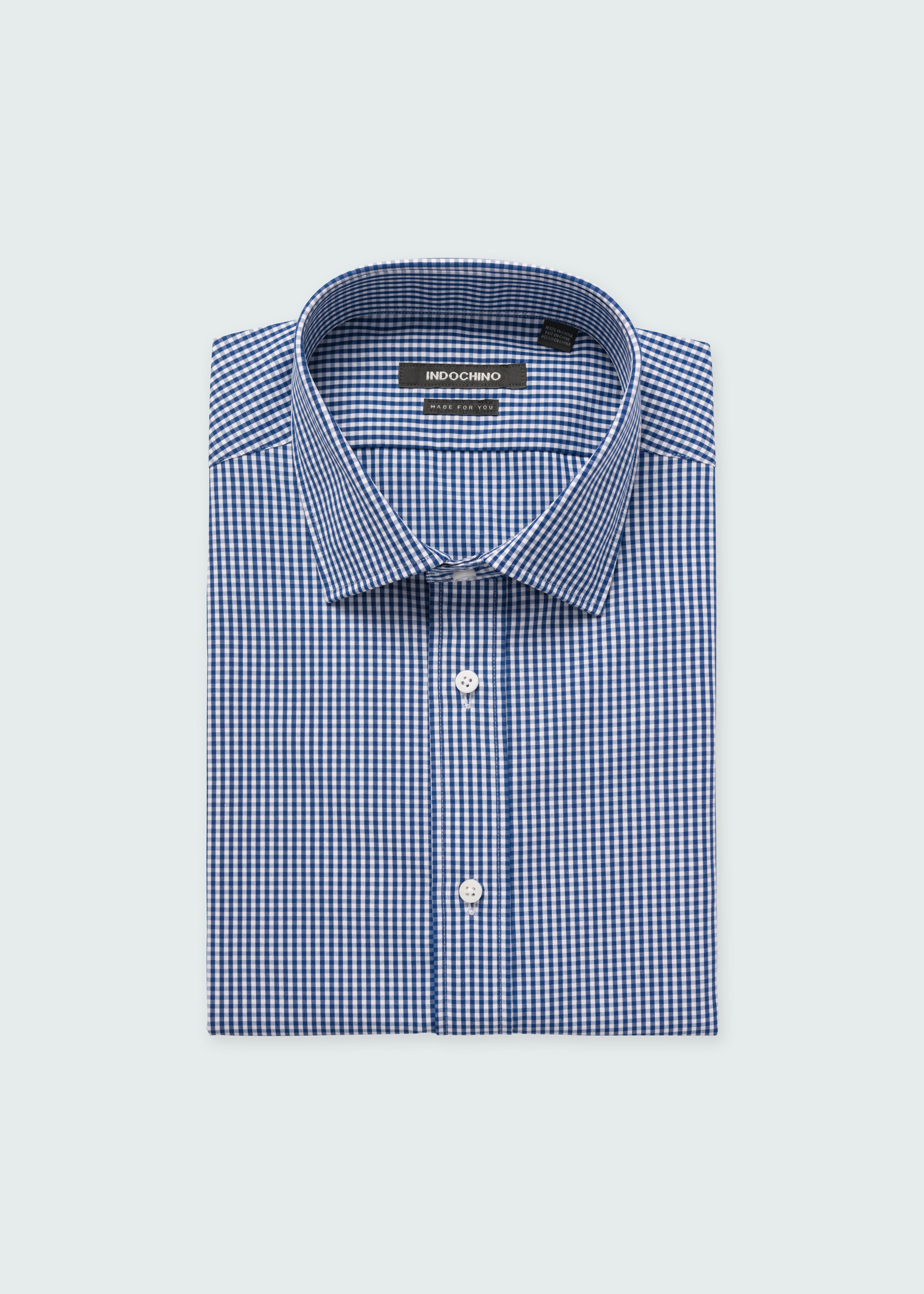Indochino Men's Custom Helston Anti-Wrinkle Gingham Navy Blue Shirt | 100% Cotton