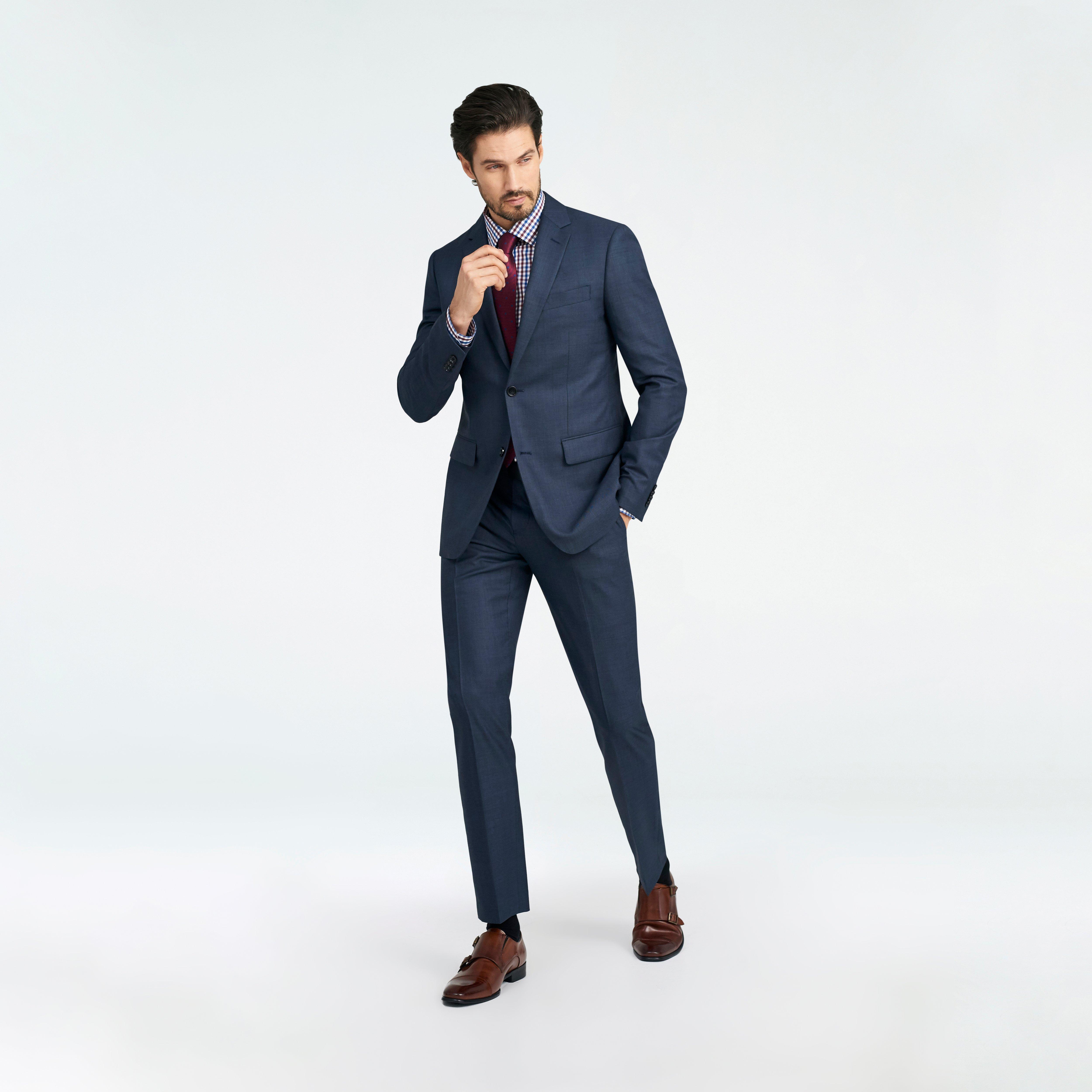 Mens Slim Fit Navy Blue Plaid Two Button Wool Blend Designer Suit | The Suit  Depot