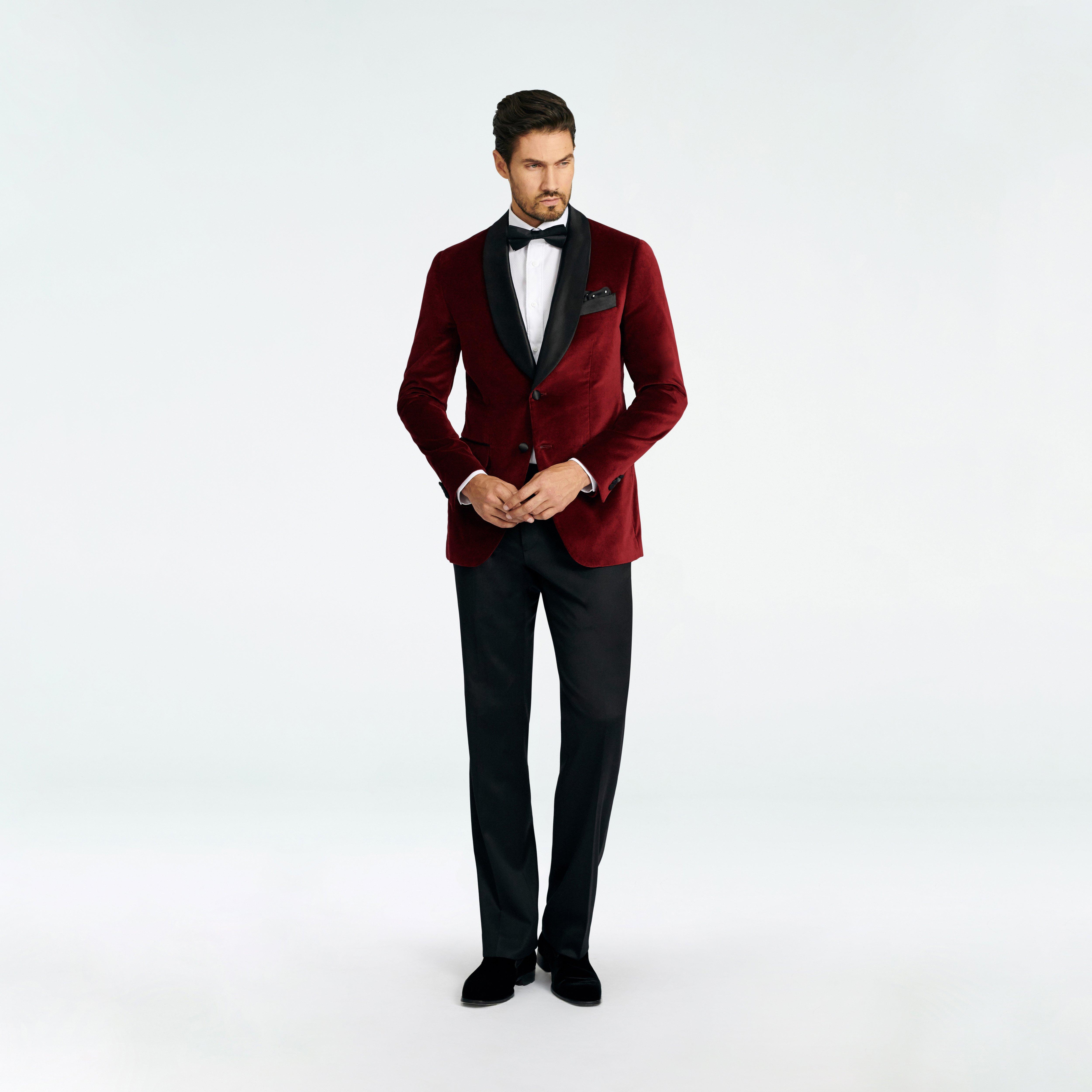 Men's Velvet Jacket Red Tailored Fit Blazer EJ Samuel J134