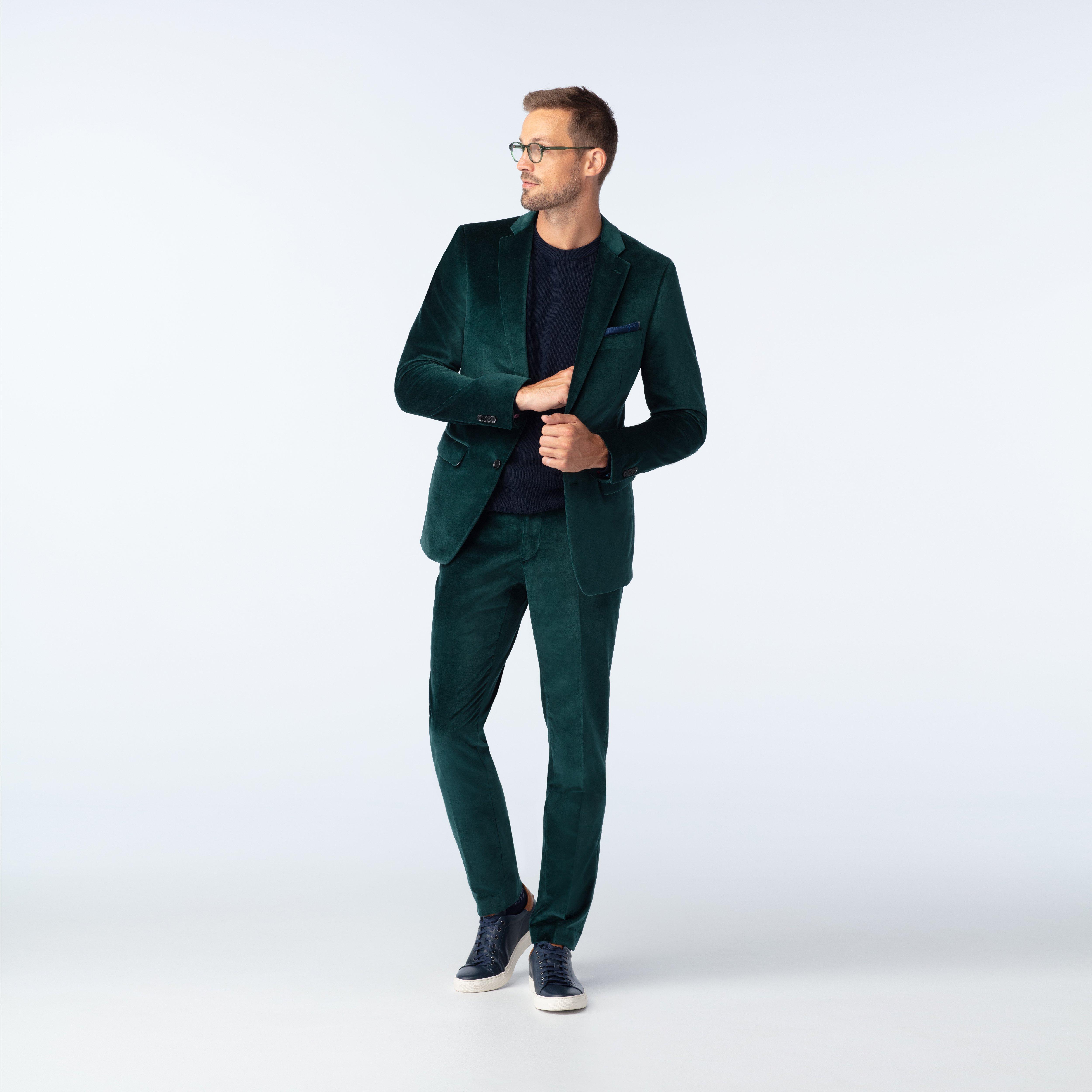 Green velvet suit for a funky wedding