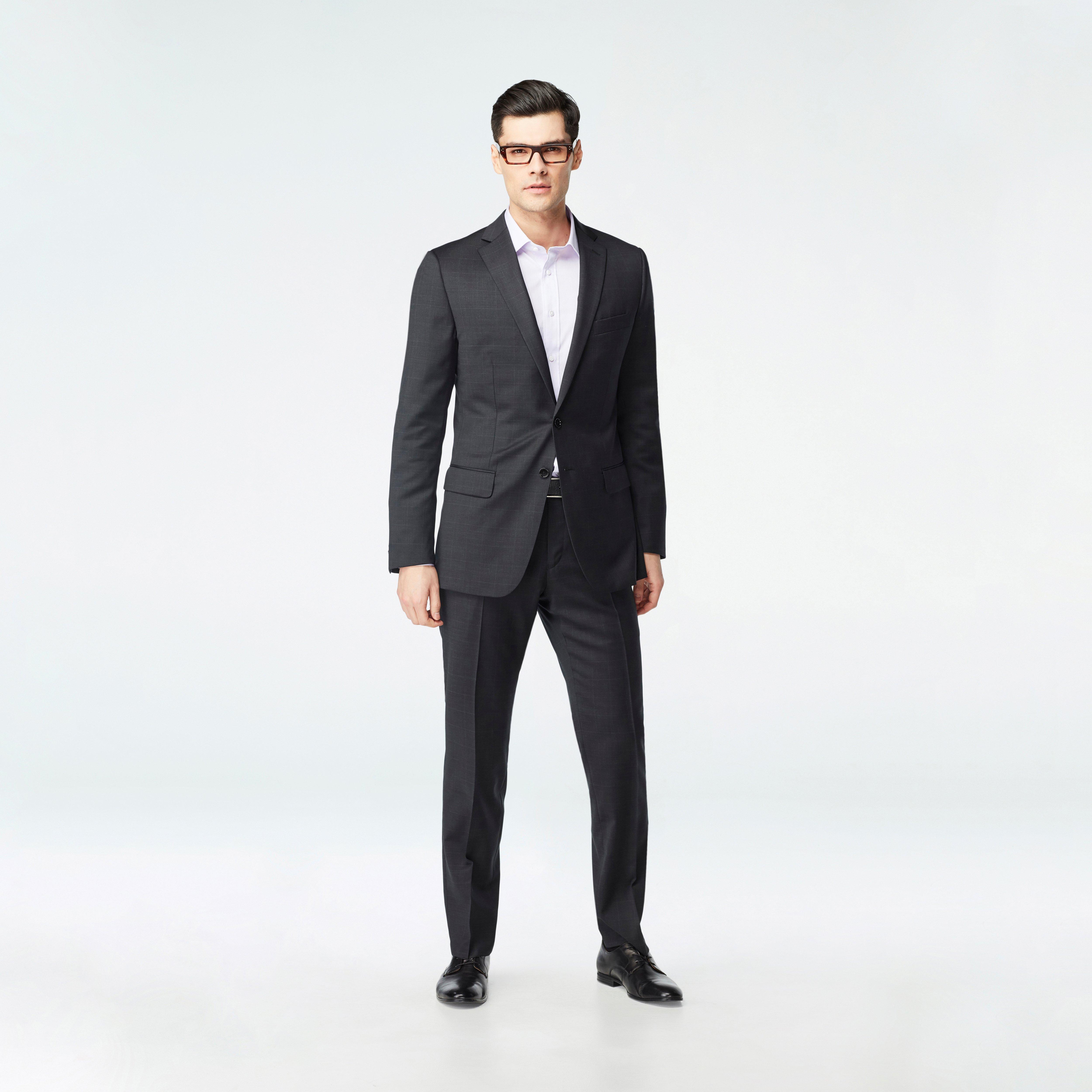 grey dress shirt black shoes Indochino Men's Custom Hemsworth Prince Of Wales Suit Just saw a video Top MacDuggal Size:PS Charcoal grey dress pants