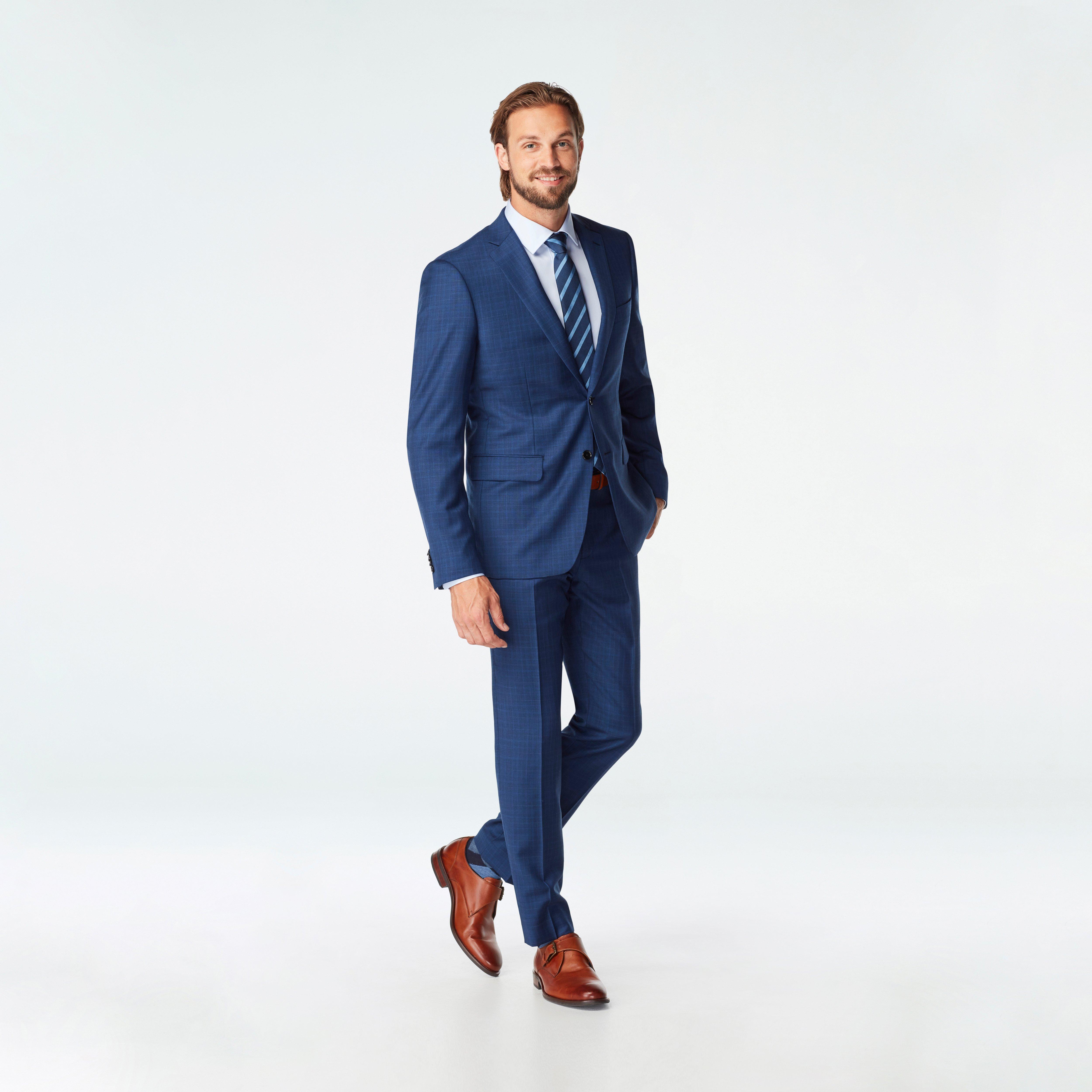 blue suit with brown dress Indochino Men's Custom Harrogate Glen Check Navy Inseam:X-Long brown windowpane stretch suit tk30 Beige by ECI Cold