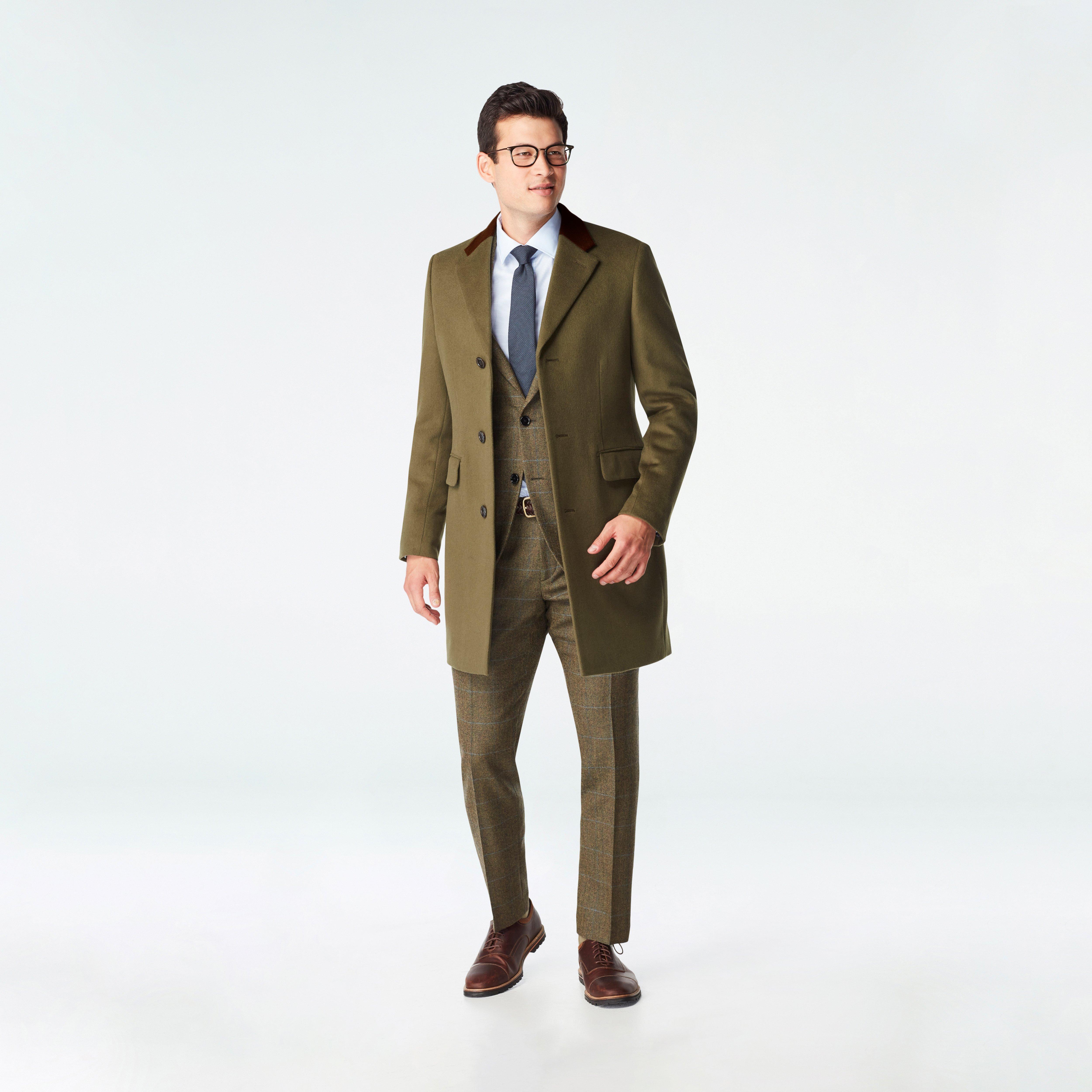 Men's Custom Overcoats - Huntley Quilted Chesterfield Olive Coat