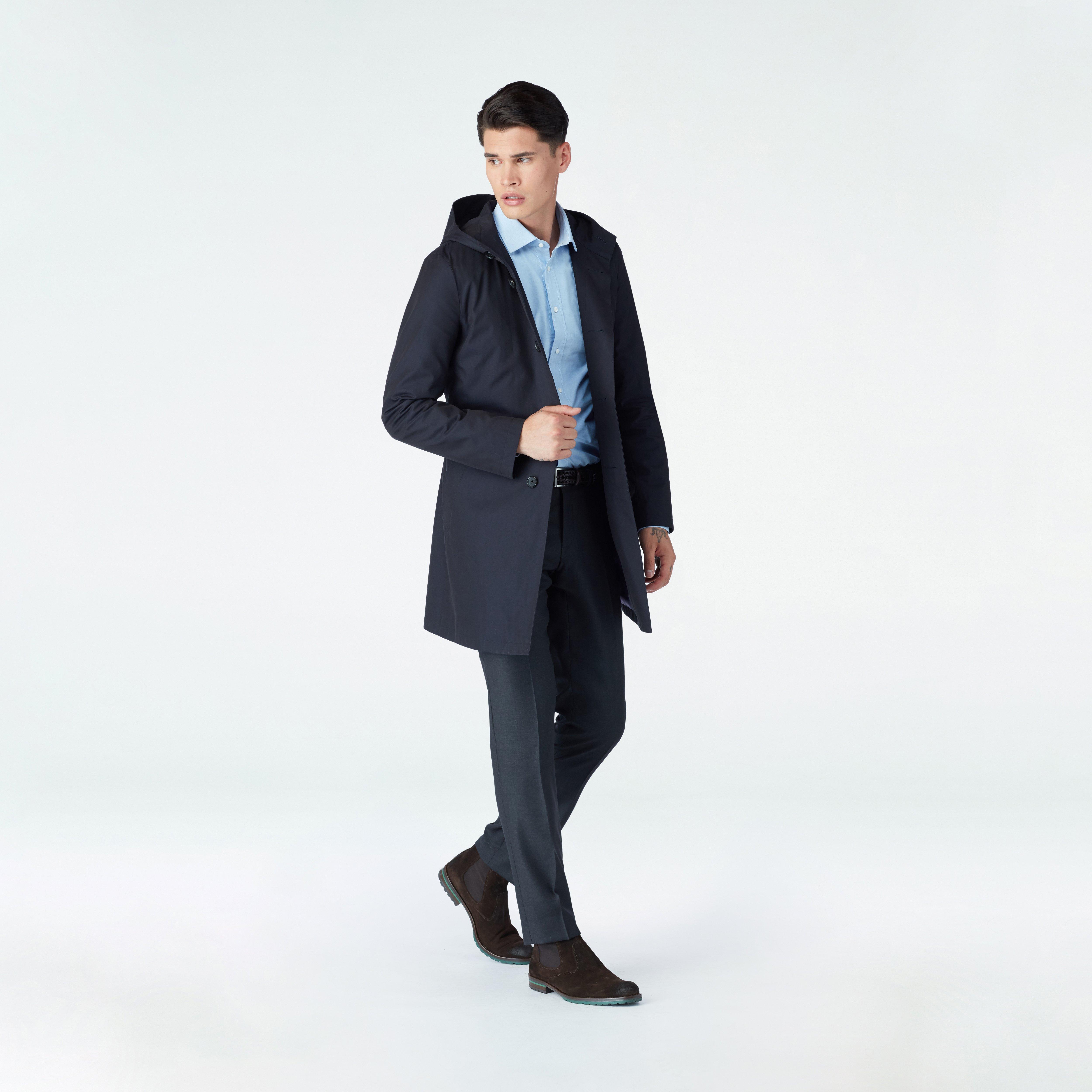 Men s Custom Trenchcoats Highcliffe Navy Hooded Mac Coat with Detachable Lining INDOCHINO