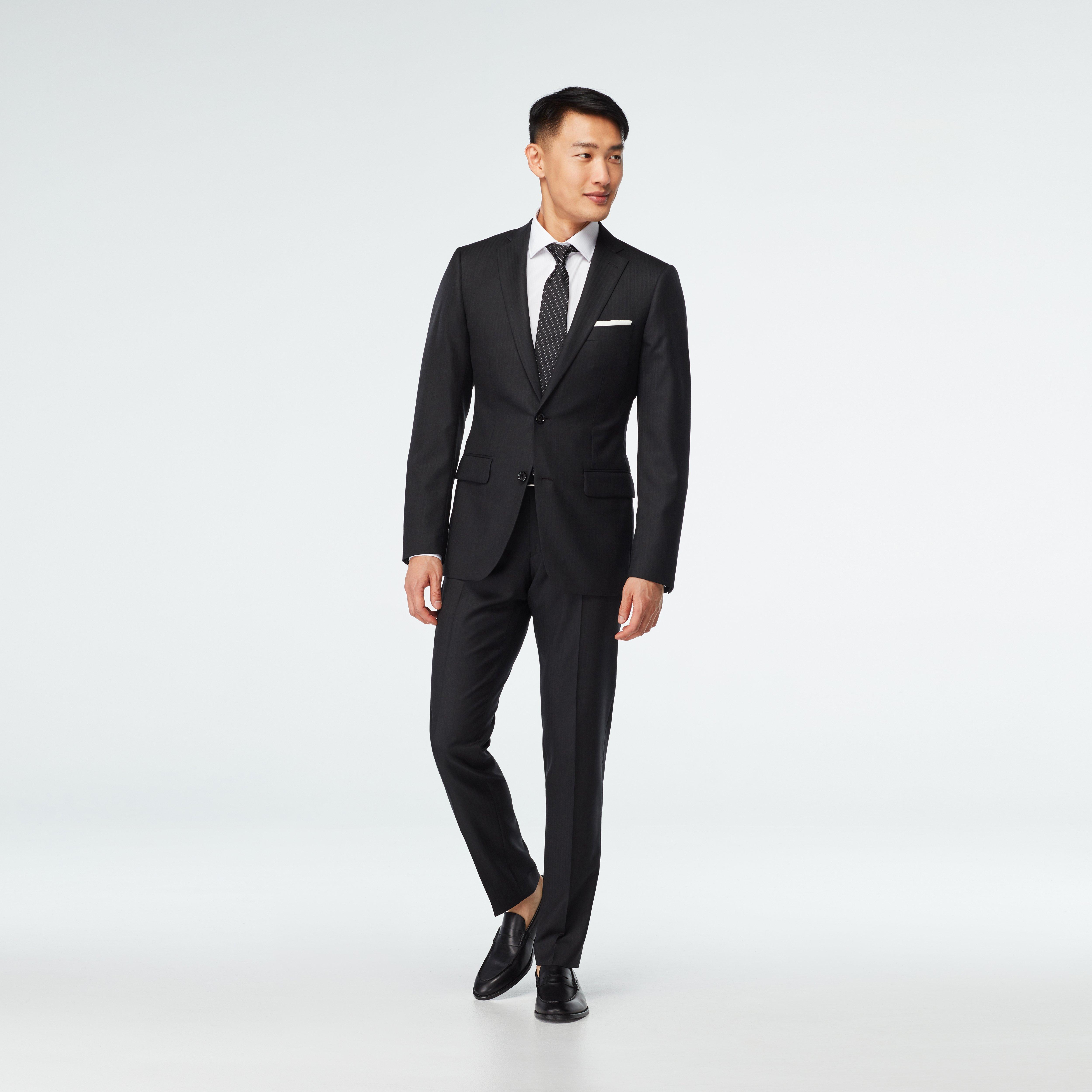Slim Fit Notch Lapel Plain Black Classic Suit - Sayki