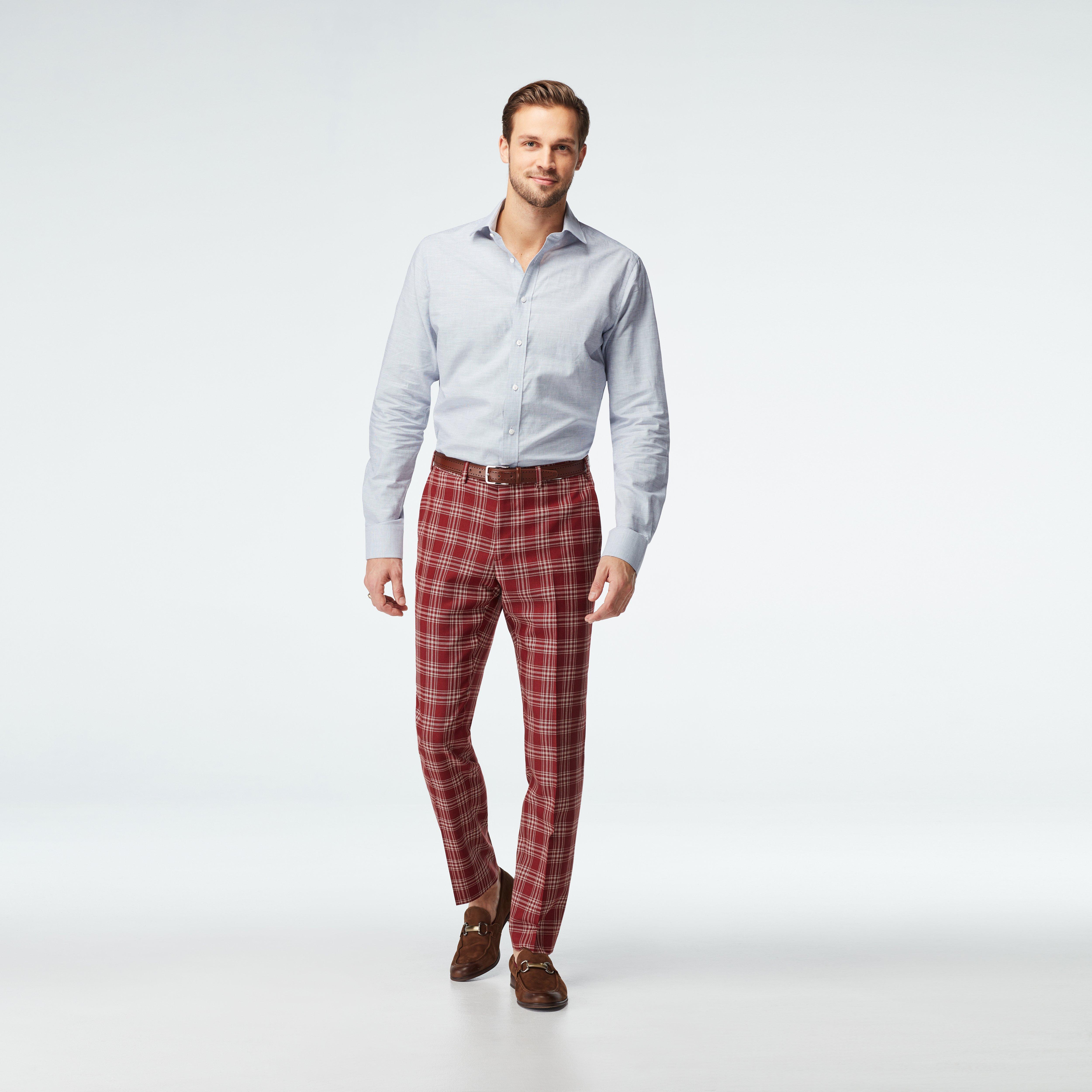 red plaid pants suit