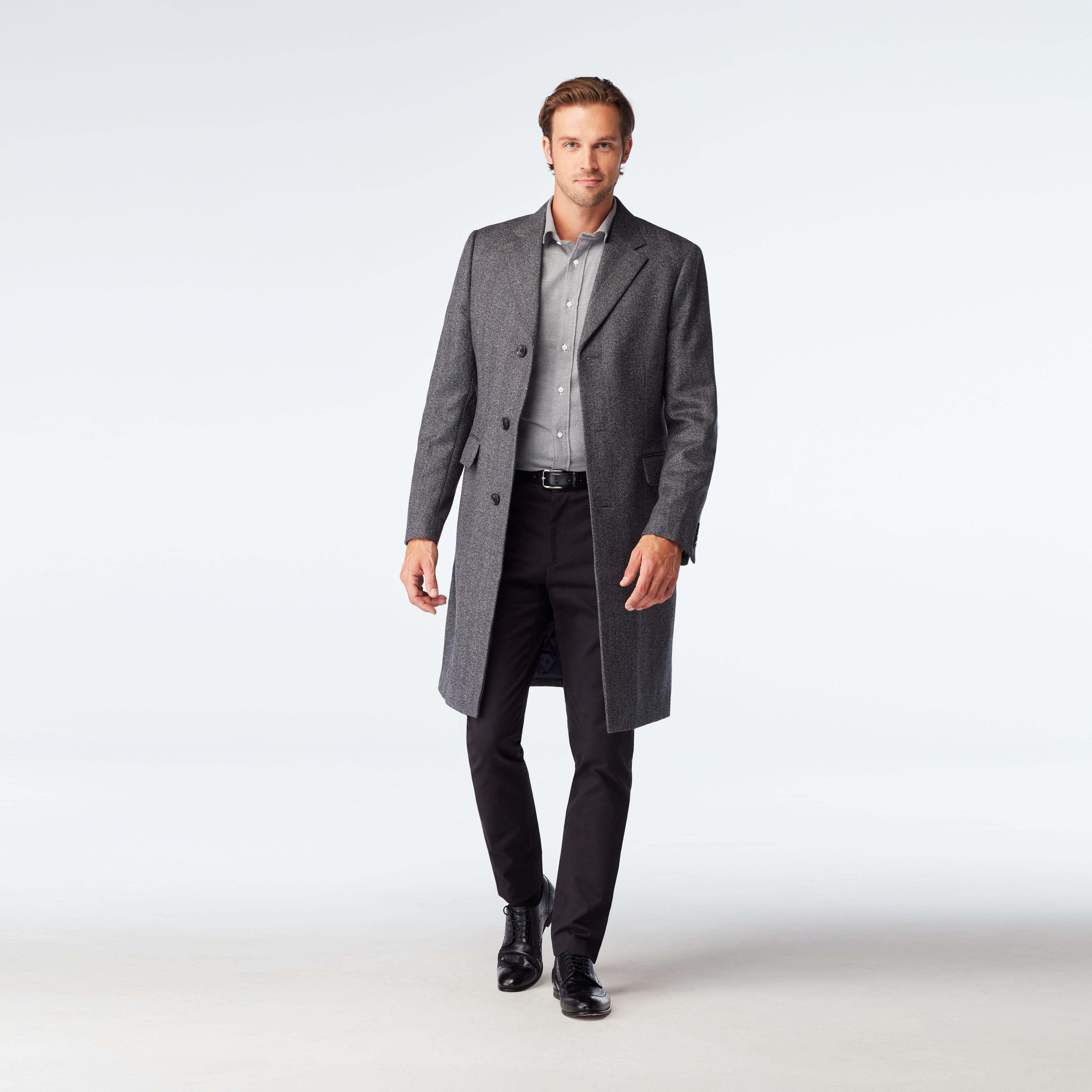 Wool Blend Tailored Coat - Black and Ivory Herringbone