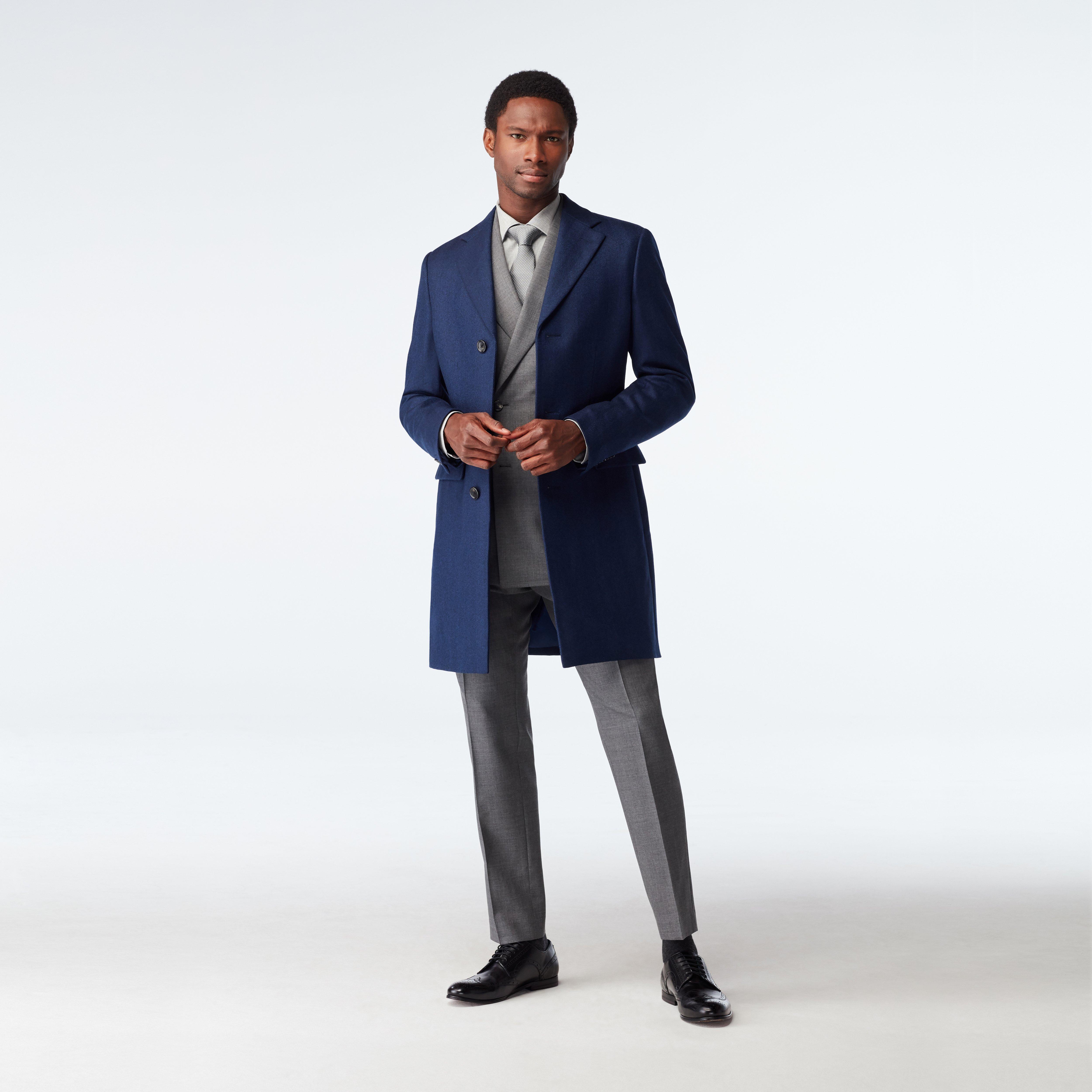 Men's Custom Overcoats - Heartford Herringbone Navy Overcoat | INDOCHINO