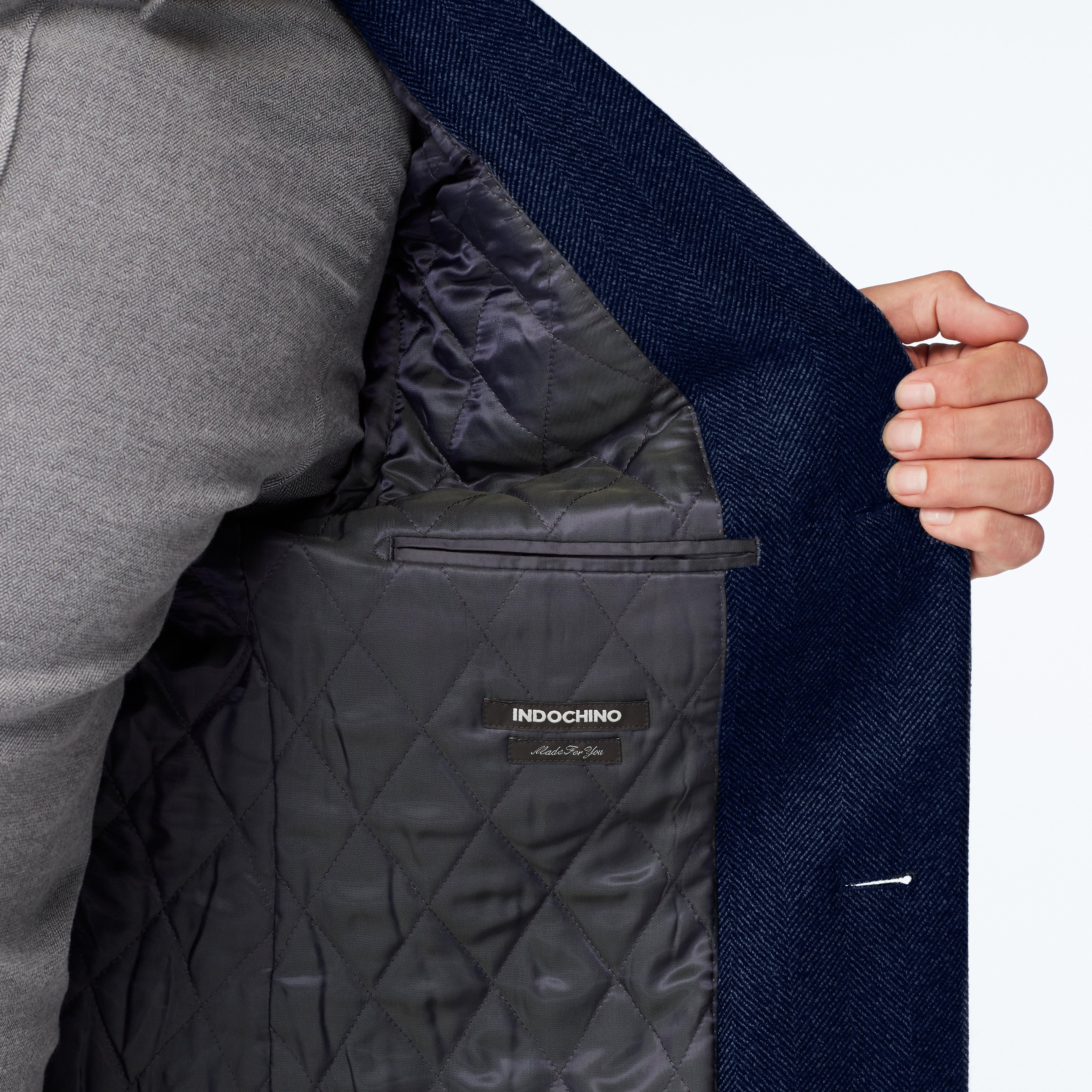 Men's Custom Overcoats - Heartford Herringbone Navy Quilted