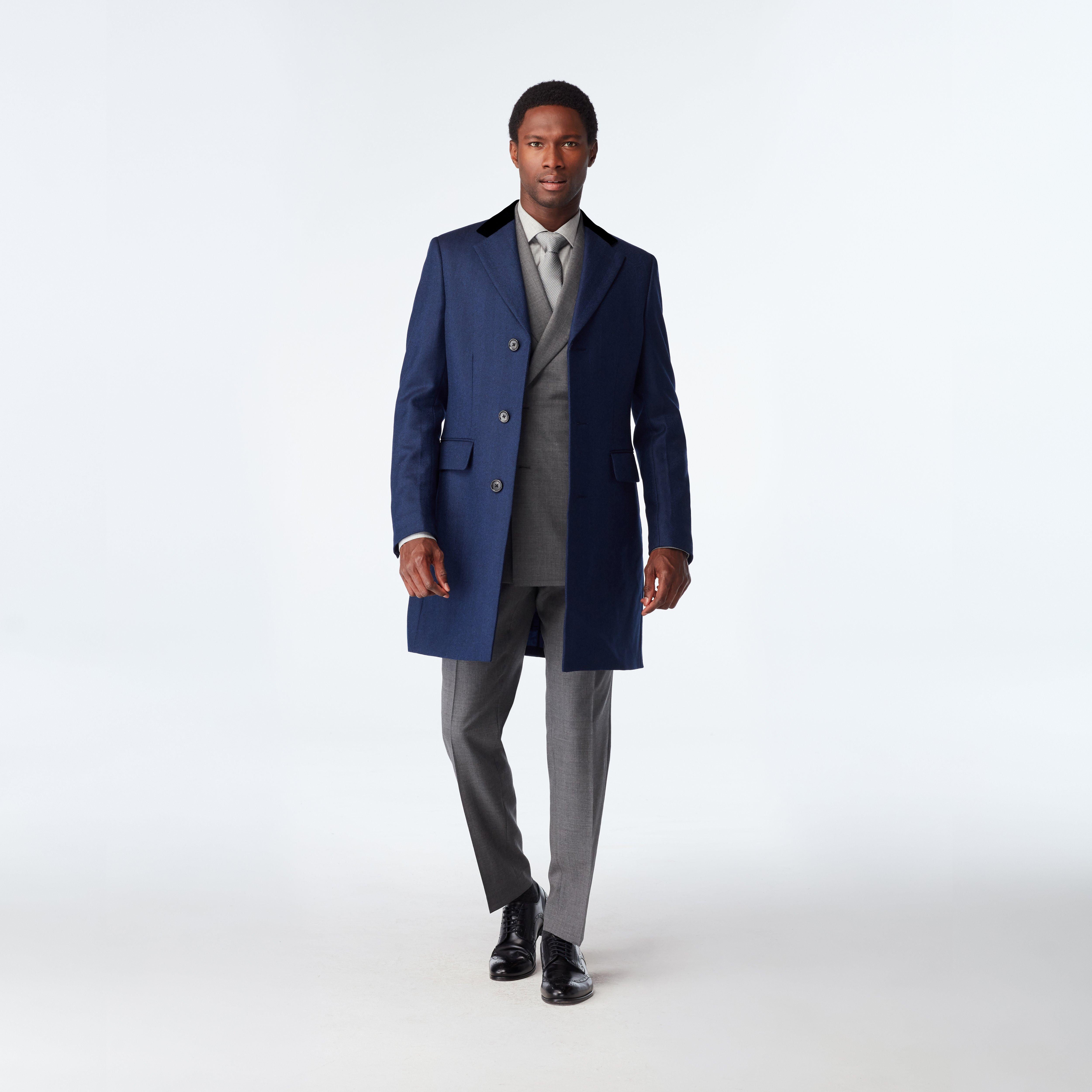 Men's Custom Overcoats - Huntley Herringbone Navy Chesterfield