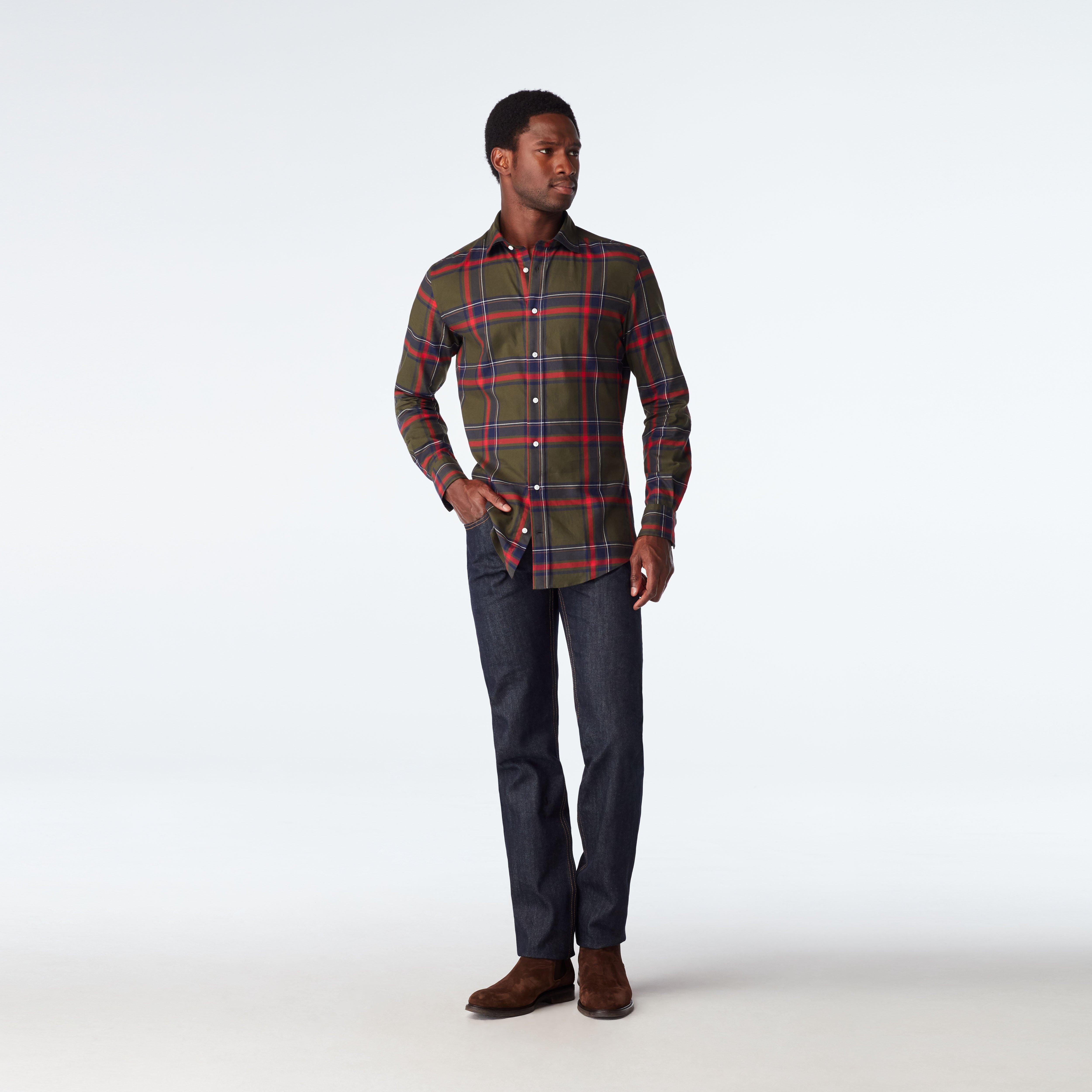 Men's Casual Shirts - Foxley Plaid Olive Casual Shirt | INDOCHINO