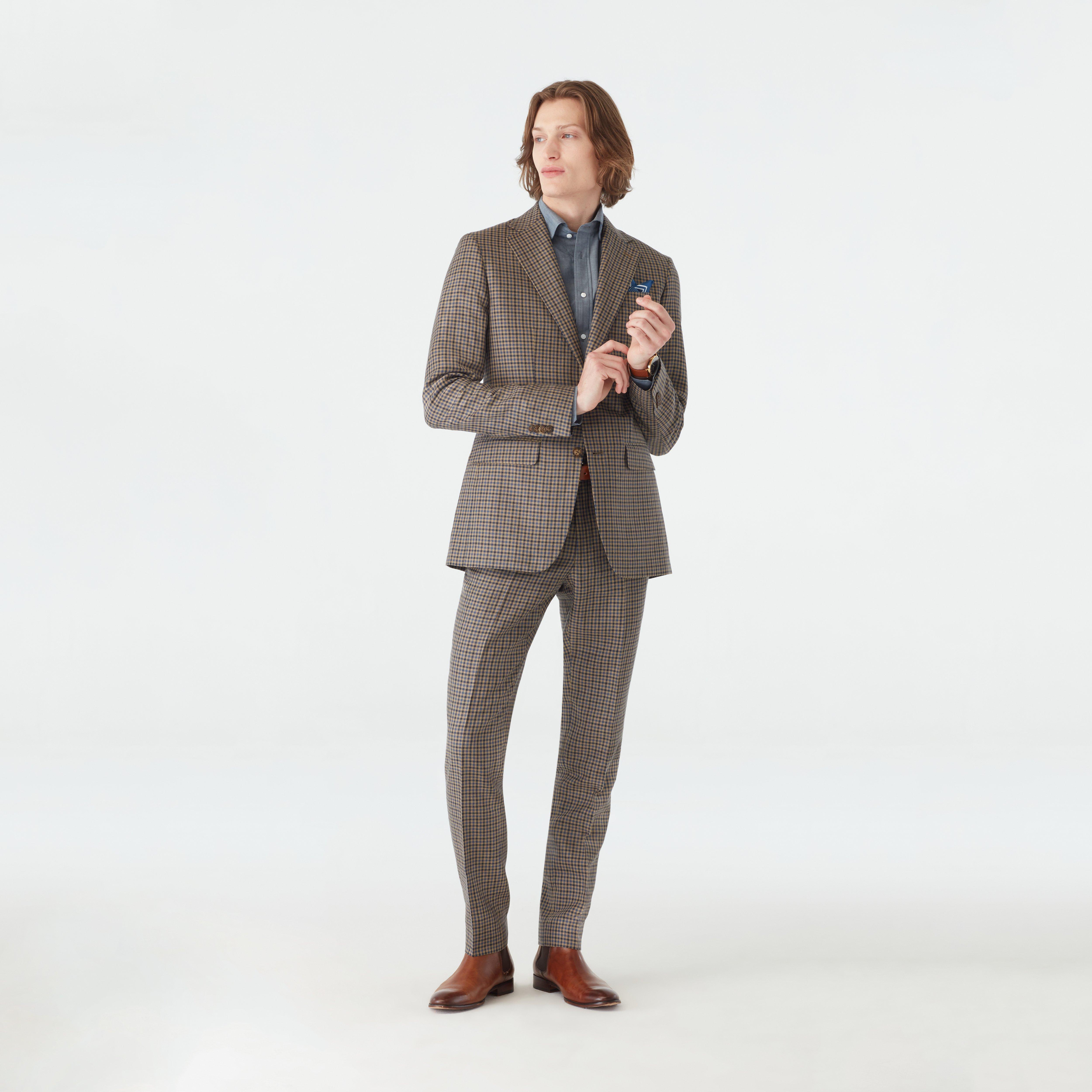brown dress blue suit Custom Suits Made For You - Barnsley Check with Set Option:Dress & Crown mobility and durability Back Style_Criss-cross Buy Chambray Blue Cable